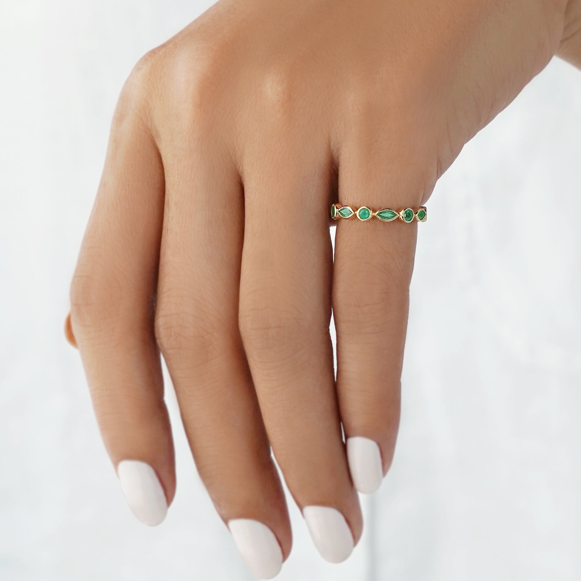 Zambian Emerald Half Eternity Ring - Solid 14K Yellow Gold | BITS OF BALI JEWELRY