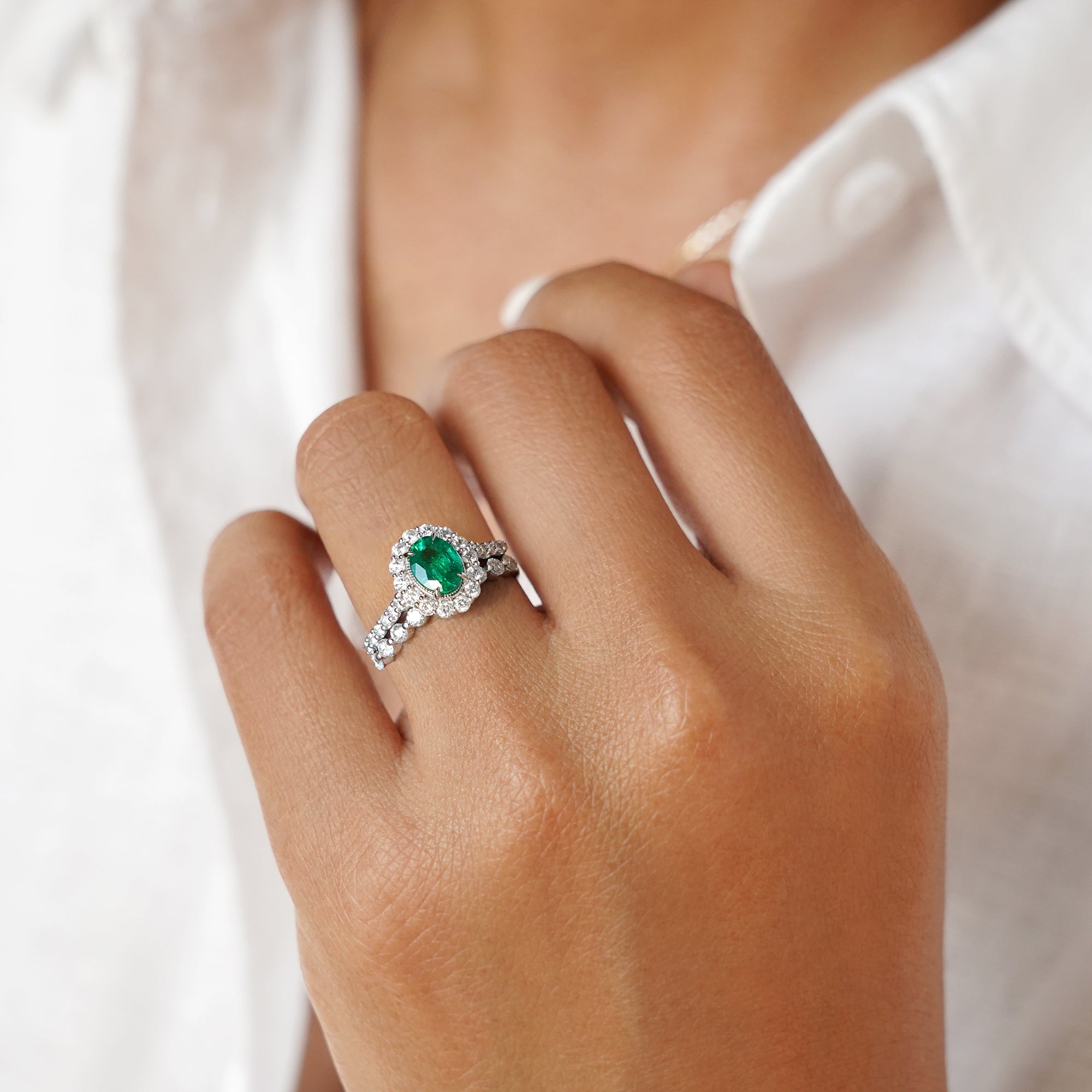 Emerald Oval And Diamond Ring - Solid 18K White Gold | BITS OF BALI JEWELRY