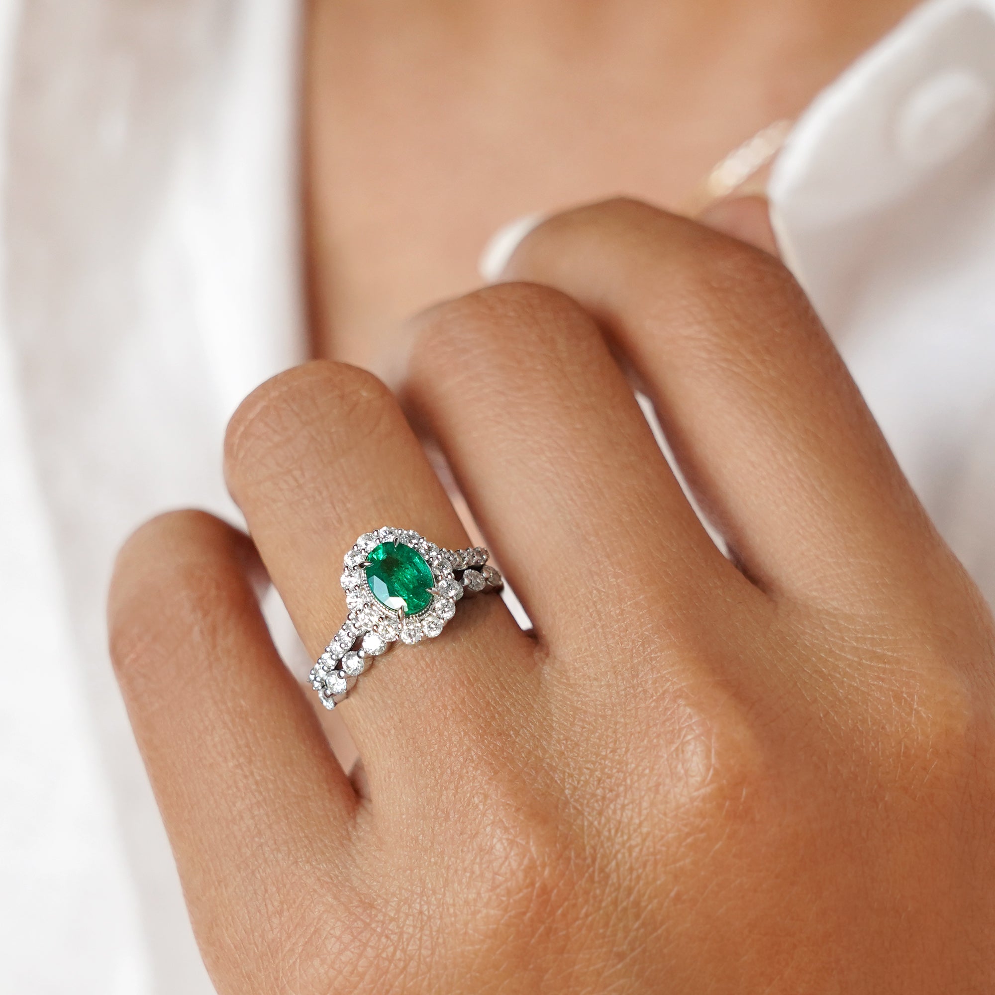 Emerald Oval And Diamond Ring - Solid 18K White Gold | BITS OF BALI JEWELRY