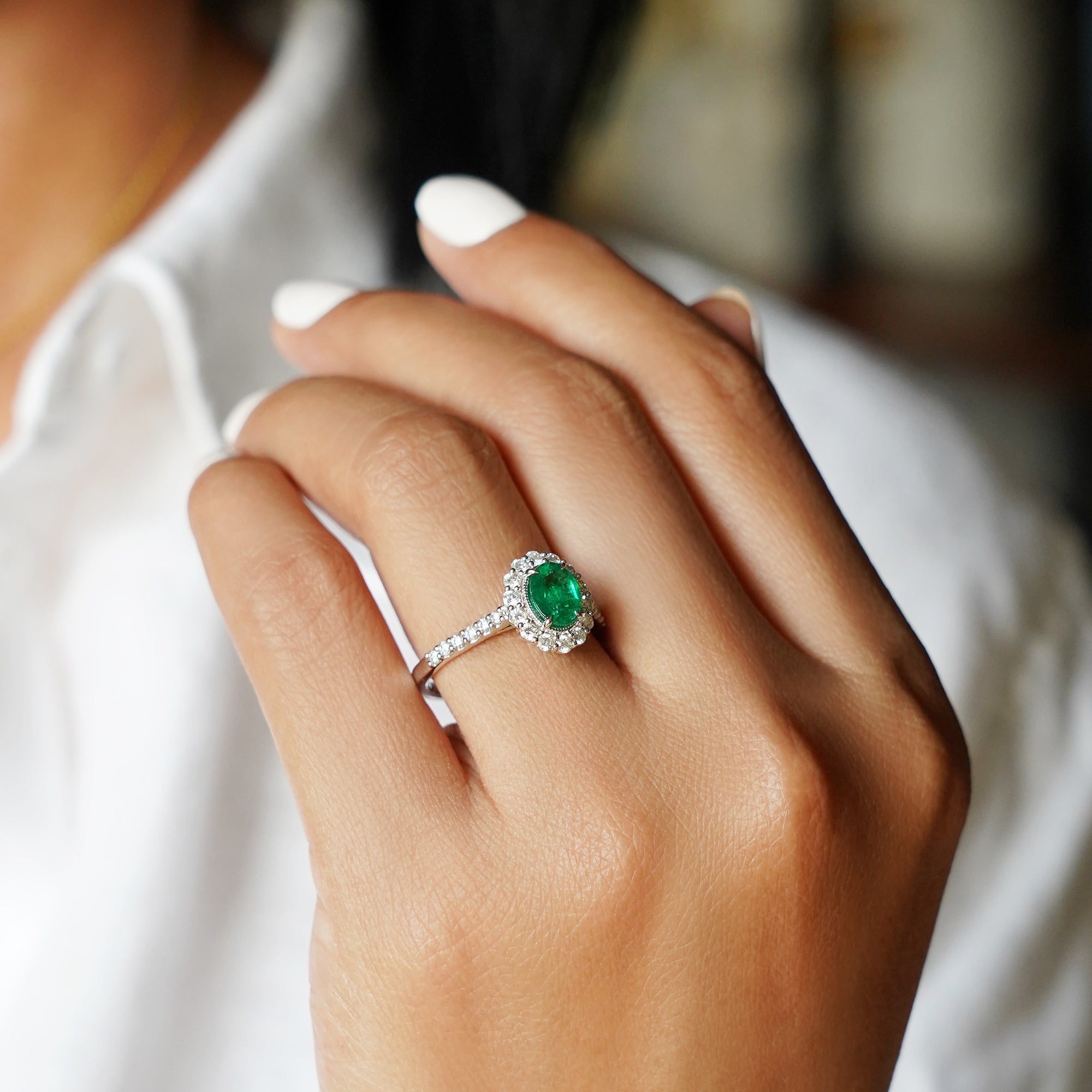 Emerald Oval And Diamond Ring - Solid 18K White Gold | BITS OF BALI JEWELRY