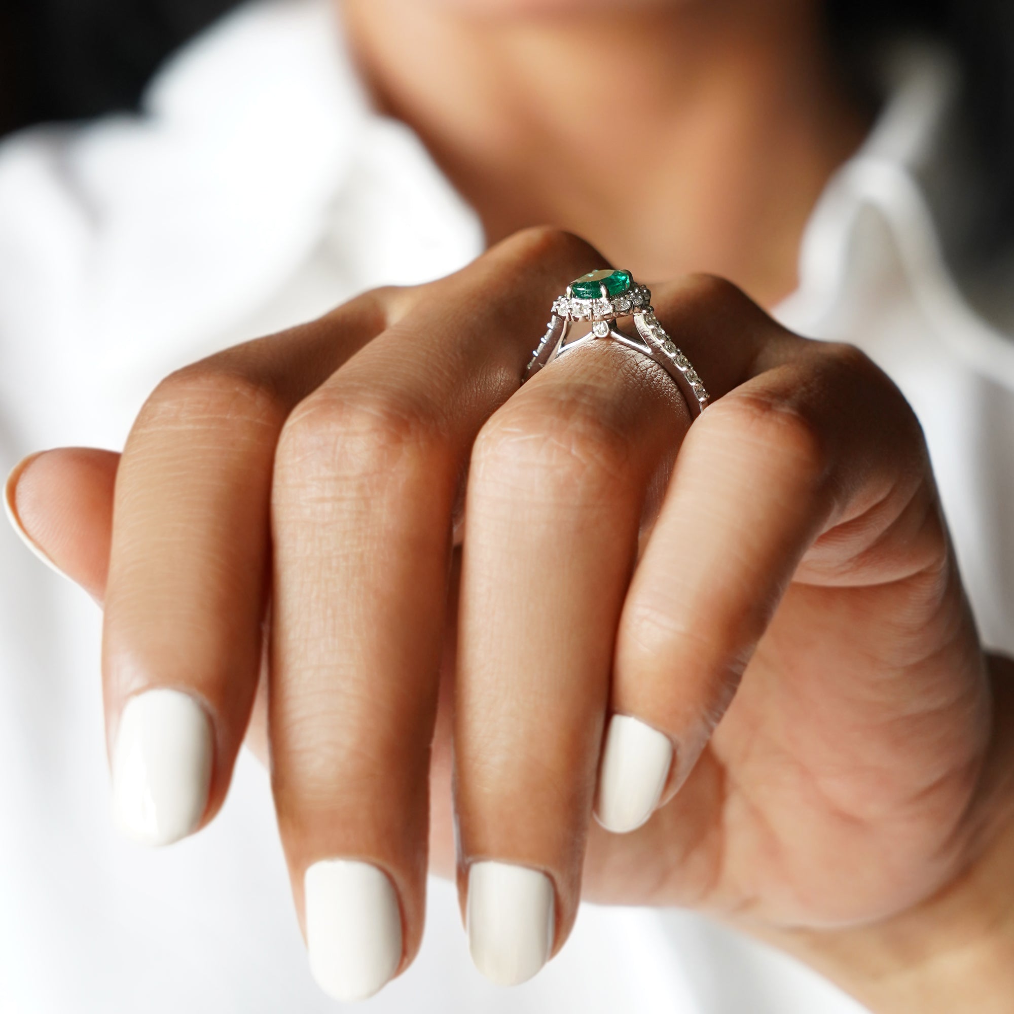 Emerald Oval And Diamond Ring - Solid 18K White Gold | BITS OF BALI JEWELRY