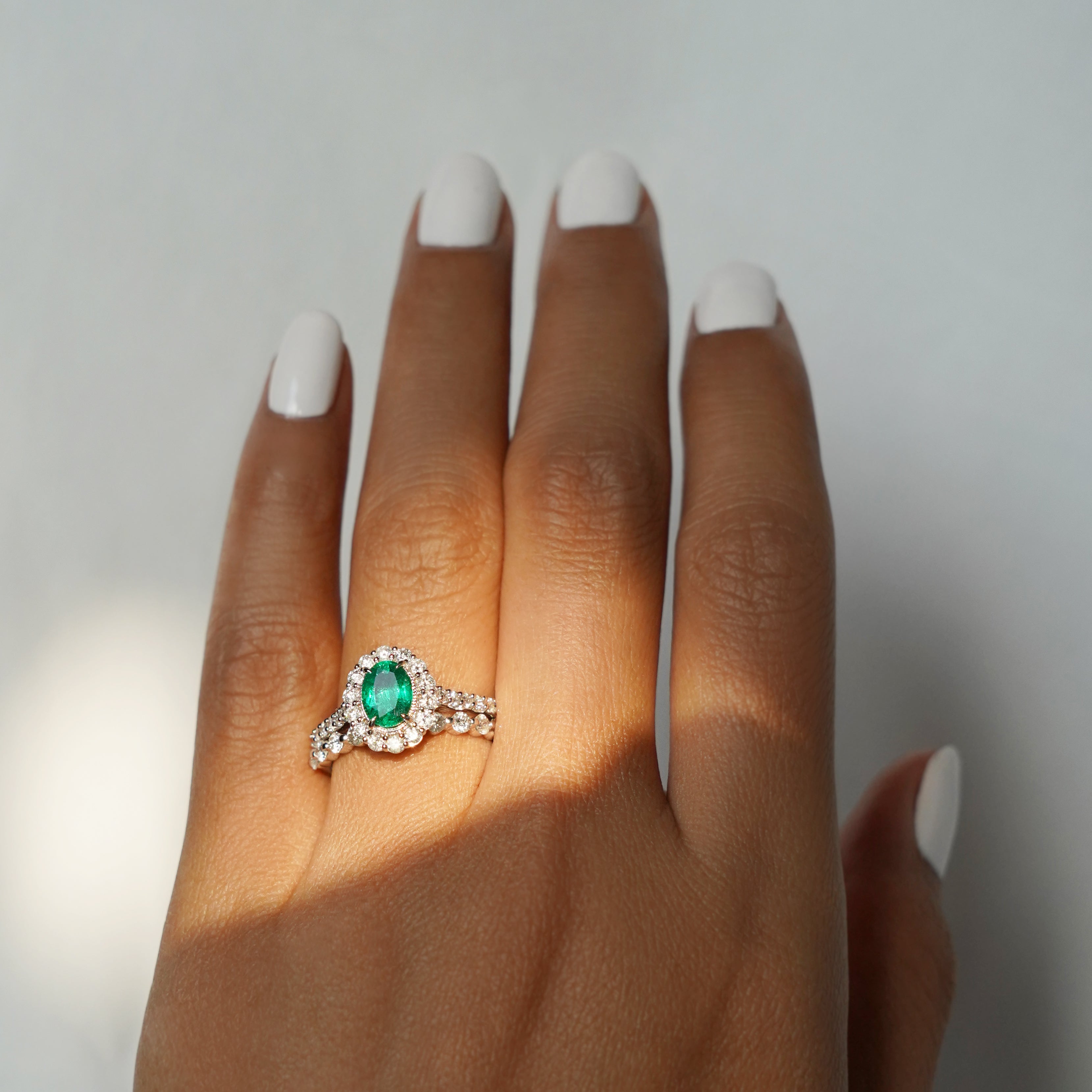 Emerald Oval And Diamond Ring - Solid 18K White Gold | BITS OF BALI JEWELRY