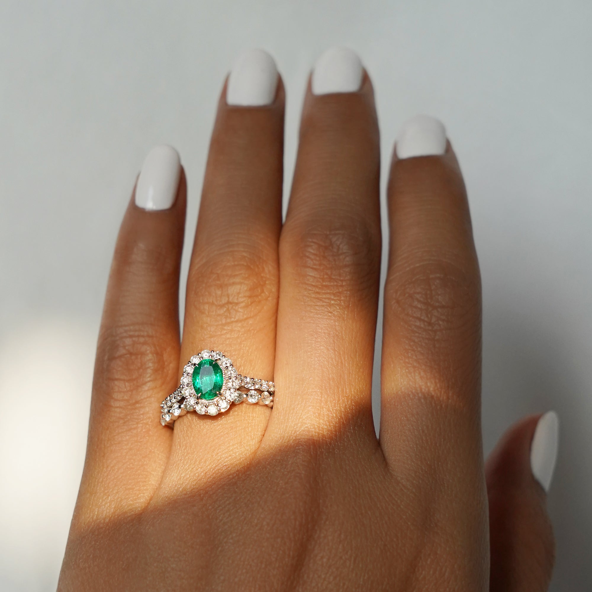 Emerald Oval And Diamond Ring - Solid 18K White Gold | BITS OF BALI JEWELRY