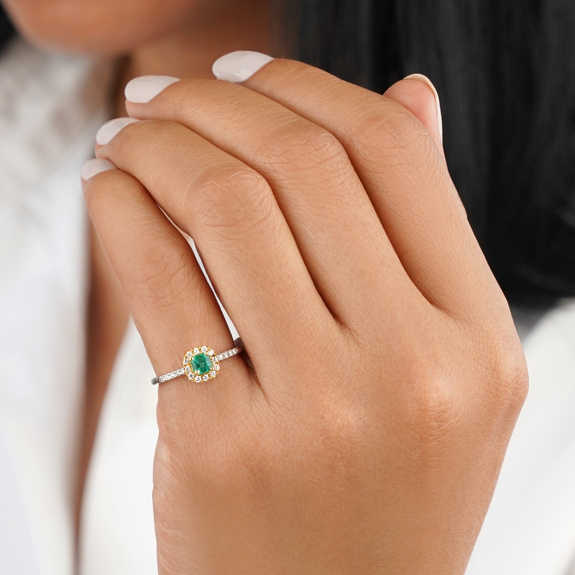 Asscher Cut Emerald & Natural Diamonds - 18K White & Yellow Gold