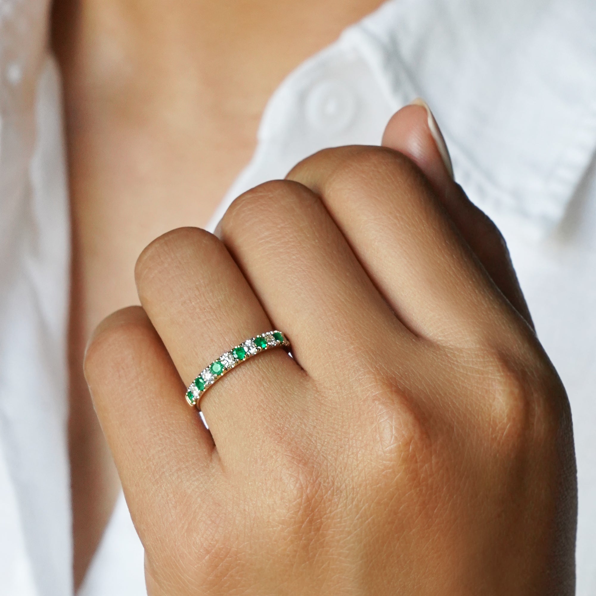 Emerald Diamond Half Eternity Band Ring Solid 14K Yellow Gold