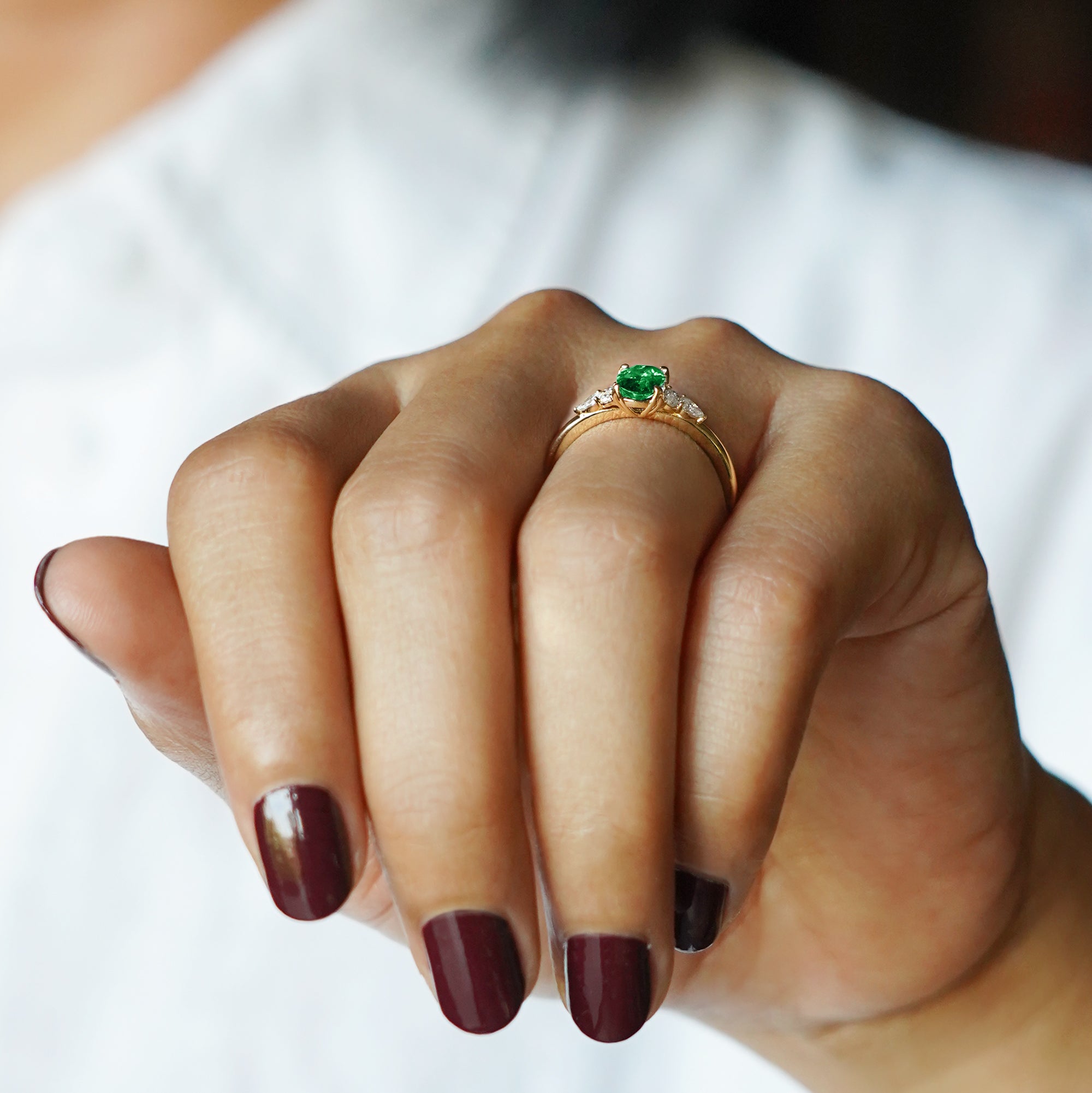 Emerald With Six Side Diamond Ring - Solid 18K Yellow Gold | BITS OF BALI JEWELRY