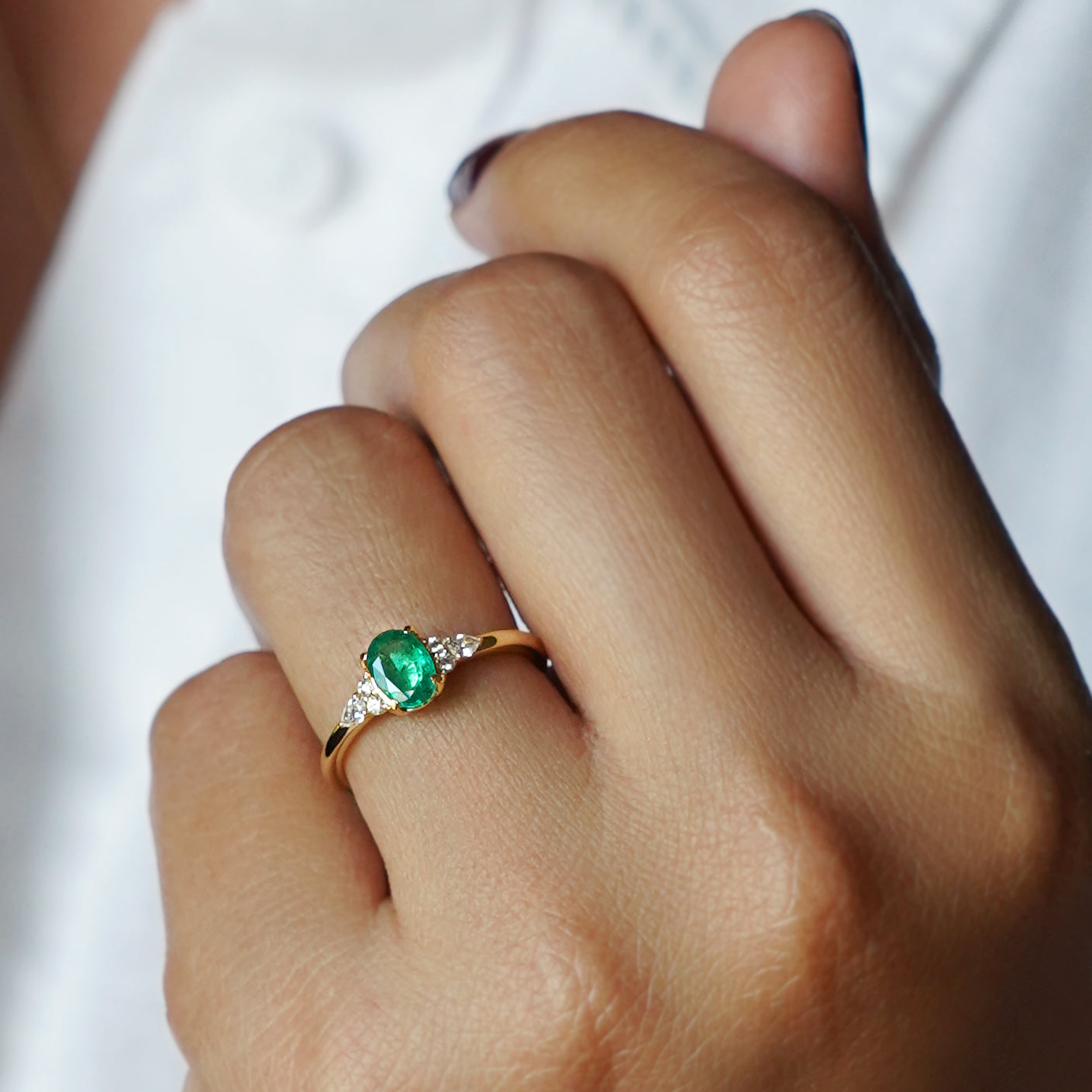 Emerald With Six Side Diamond Ring Solid 18K Yellow Gold
