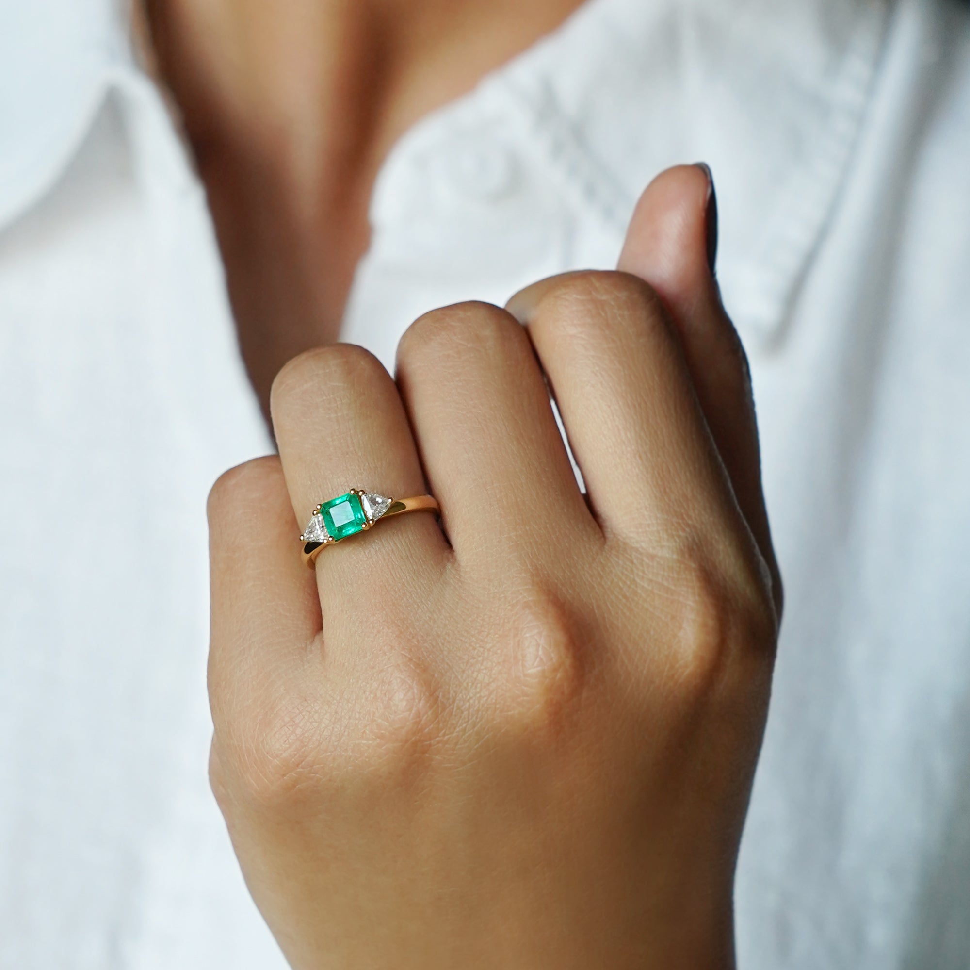 Emerald With Trillion Side Diamond Ring - Solid 14K Yellow Gold | BITS OF BALI JEWELRY
