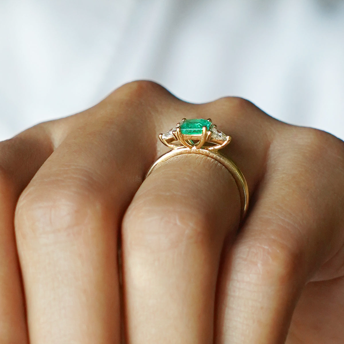 Emerald With Trillion Side Diamond Ring - Solid 14K Yellow Gold | BITS OF BALI JEWELRY