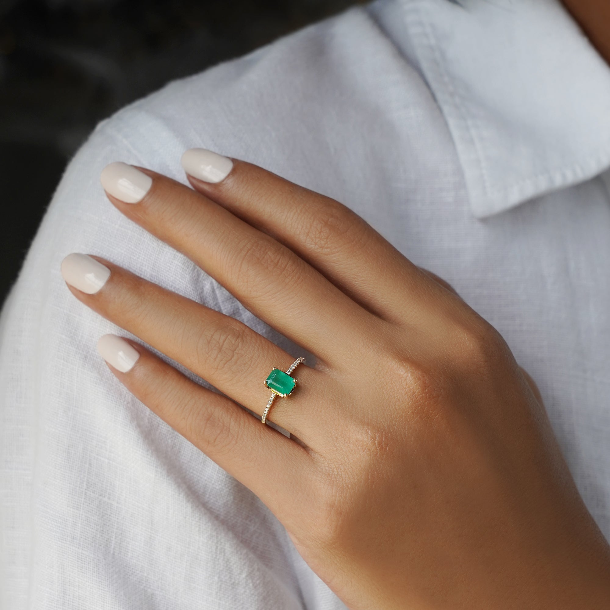 Zambian Emerald & Natural Diamonds Baguette Ring - Solid 14K Yellow Gold | BITS OF BALI JEWELRY
