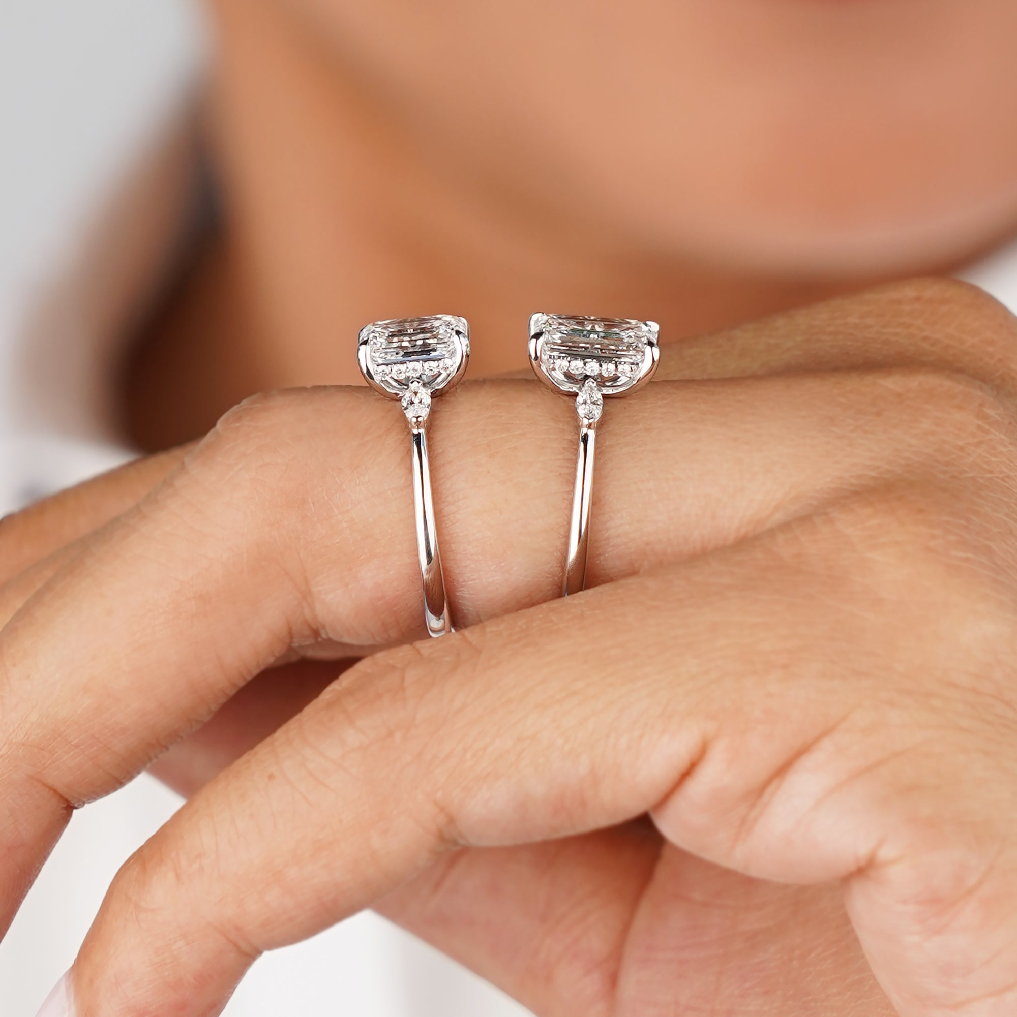 1.81 Carat Emerald-cut With Side Marquise Diamond Ring - Solid 14K White Gold