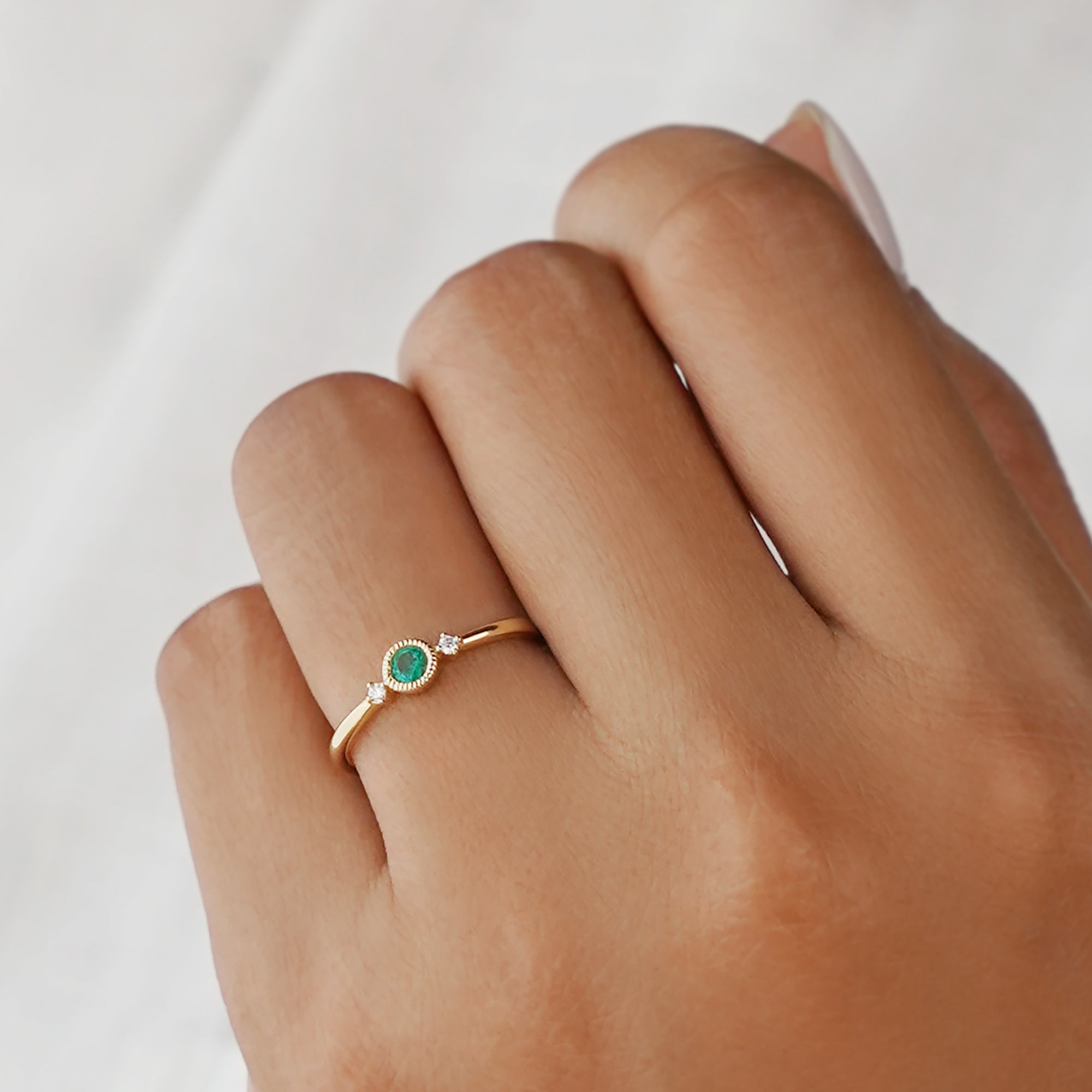 Emerald Side Diamond Ring Solid 18K Yellow Gold