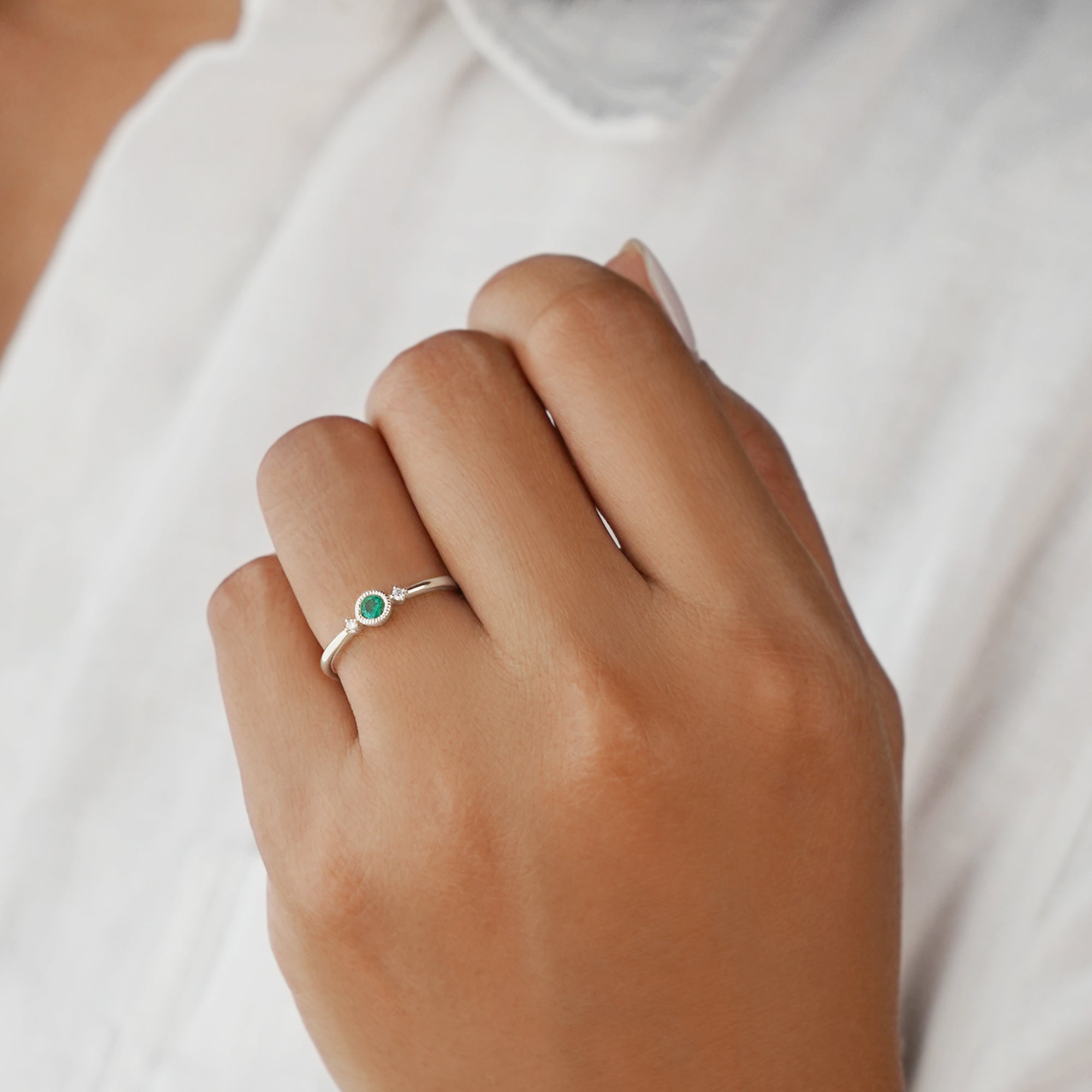 Emerald & 2 Side Diamond Ring - Solid 14k White Gold | BITS OF BALI JEWELRY