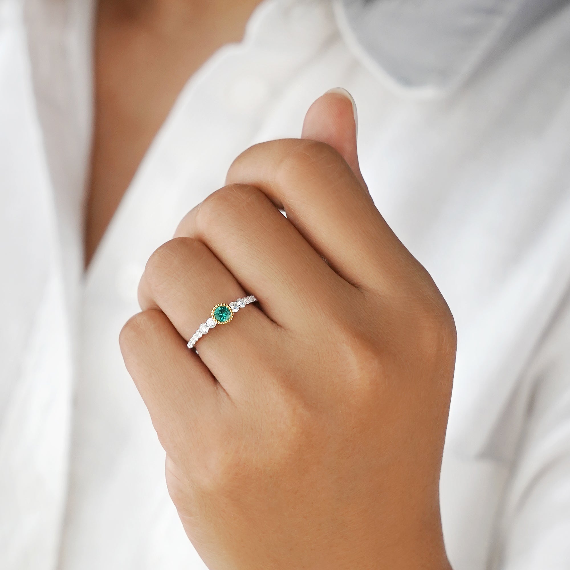Emerald With Diamond Pave Shank Ring - Solid 18k White Gold | BITS OF BALI JEWELRY
