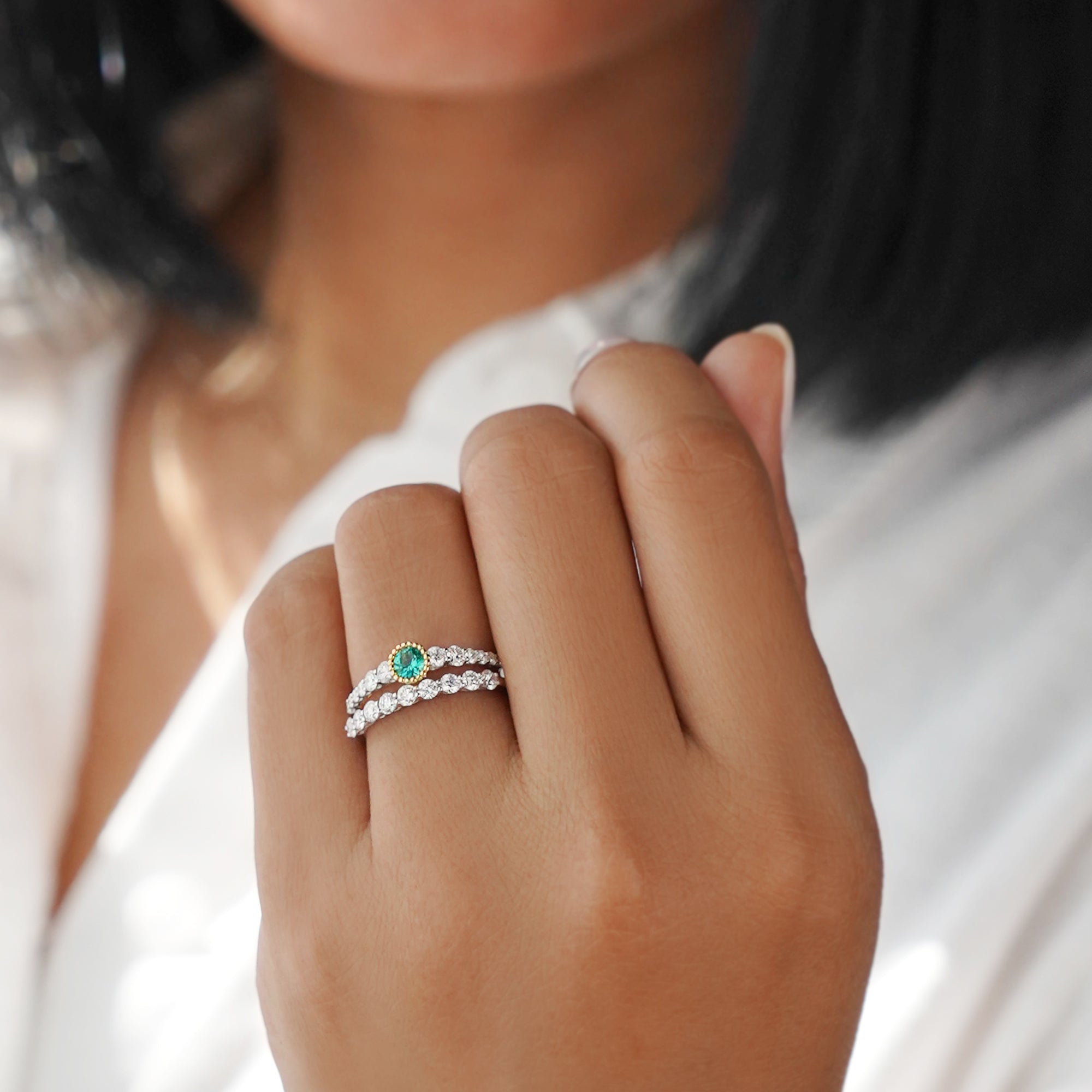 Emerald With Diamond Pave Shank Ring - Solid 18k White Gold | BITS OF BALI JEWELRY