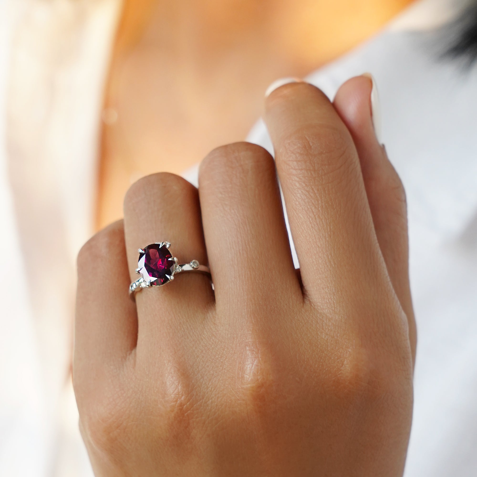 Flower Rhodolite & Diamond Ring - Solid 14K White Gold | BITS OF BALI JEWELRY