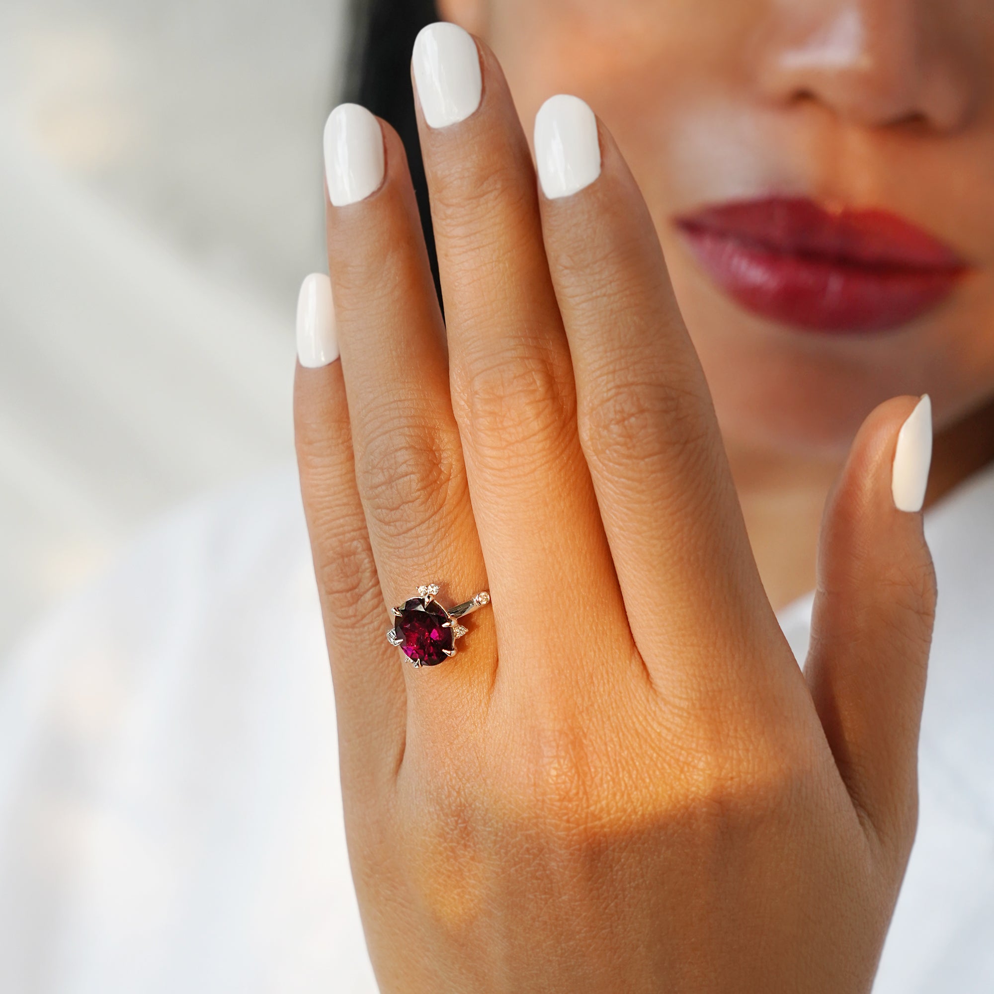 Flower Rhodolite & Diamond Ring - Solid 14K White Gold | BITS OF BALI JEWELRY