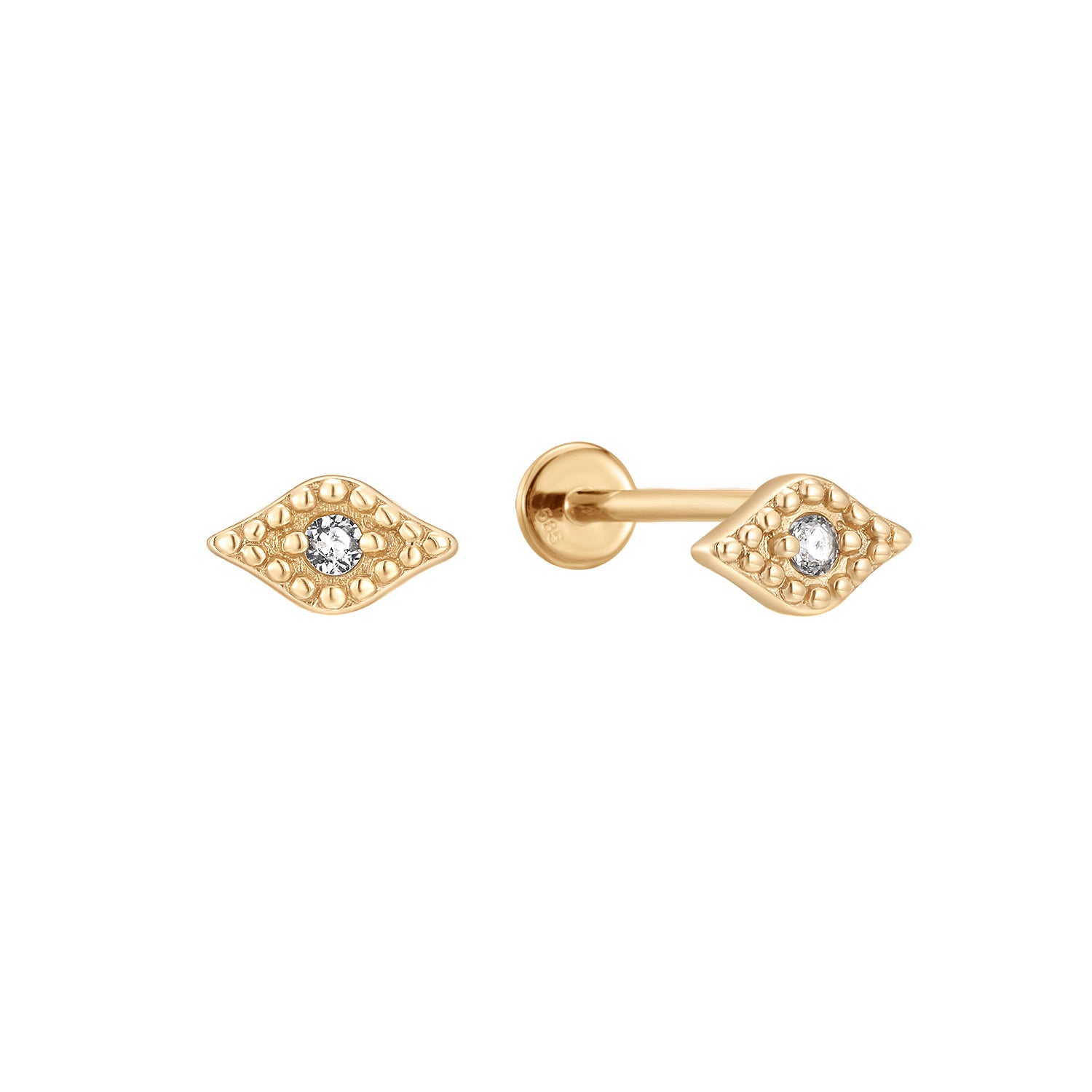 Evil Eye Flat Back Stud Earring - 14K Solid Yellow Gold | BITS OF BALI JEWELRY