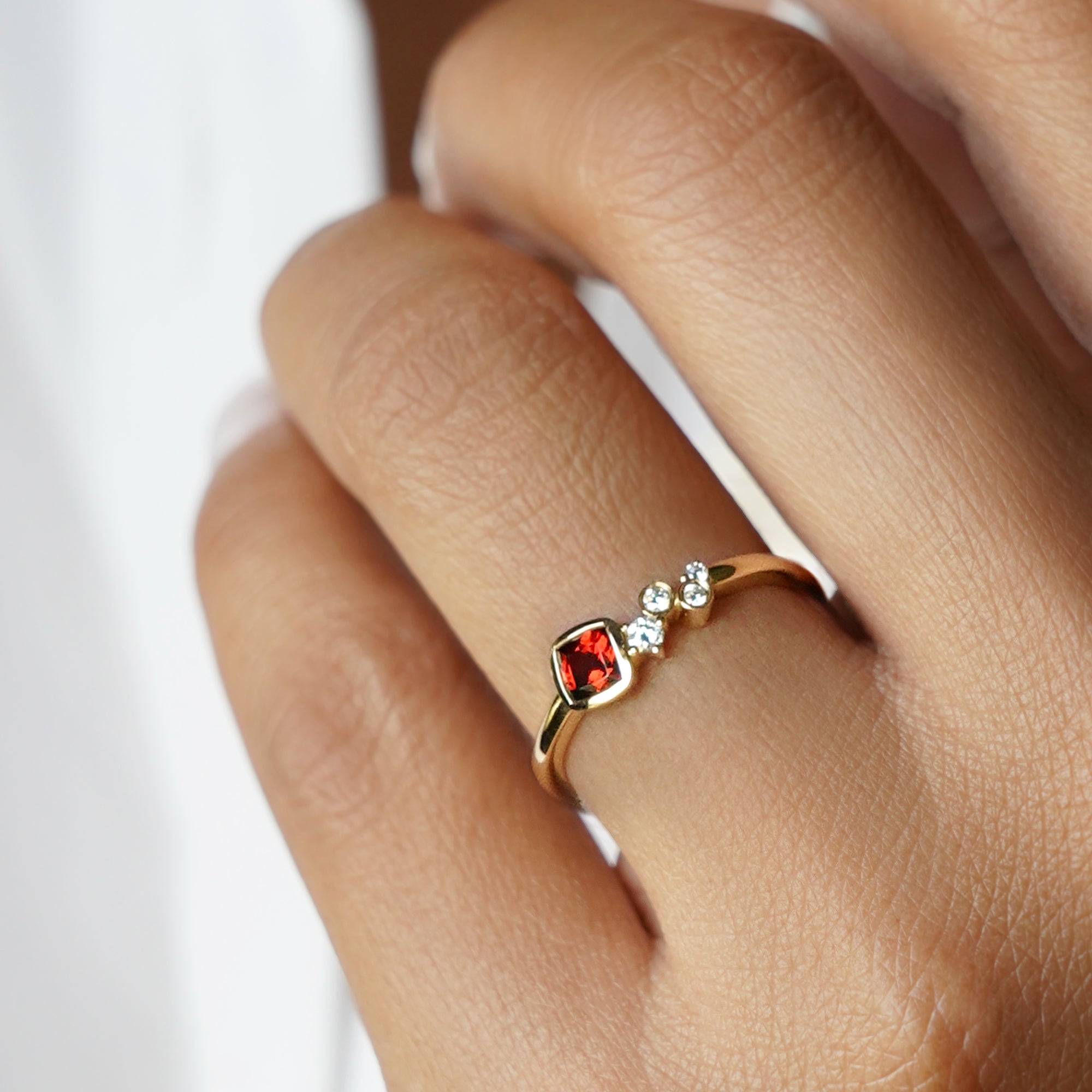 Square Garnet & 5 Diamond Ring - Solid 14K Yellow Gold | BITS OF BALI JEWELRY