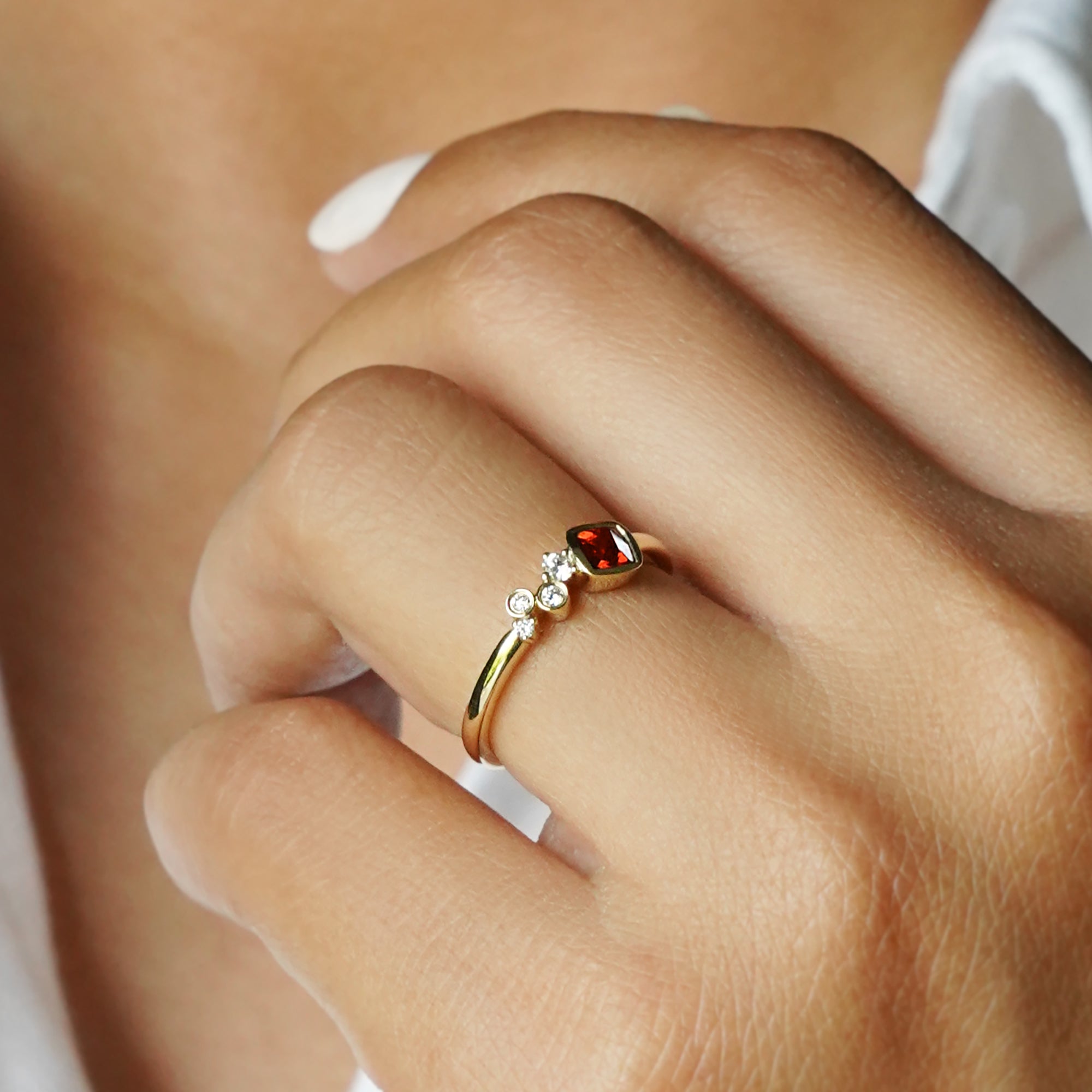Square Garnet & 5 Diamond Ring - Solid 14K Yellow Gold | BITS OF BALI JEWELRY