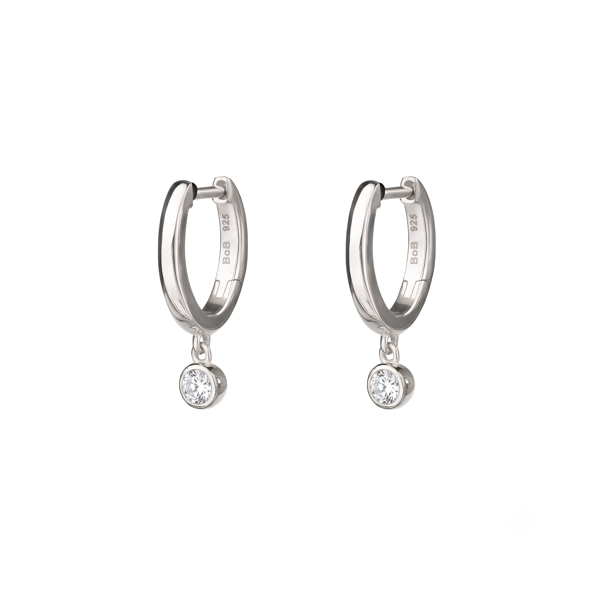 Mini Huggies Earrings With White CZ Bezel Charm - Sterling Silver