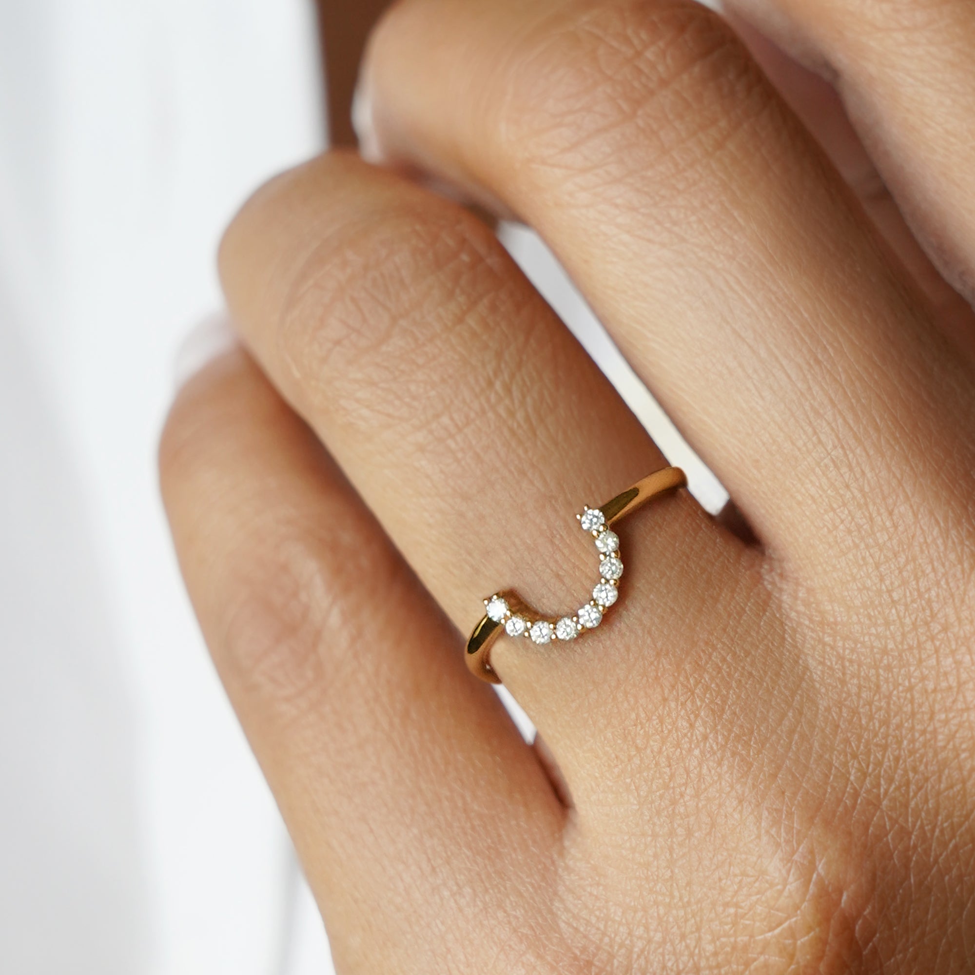 Half Circle Diamond Ring  - Solid 14K Yellow Gold | BITS OF BALI JEWELRY