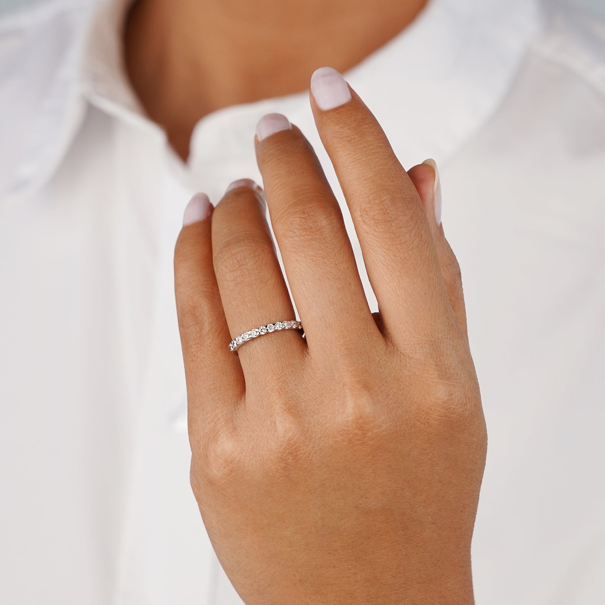 2.10 mm Half Eternity Natural Diamonds Ring - Solid 14K White Gold
