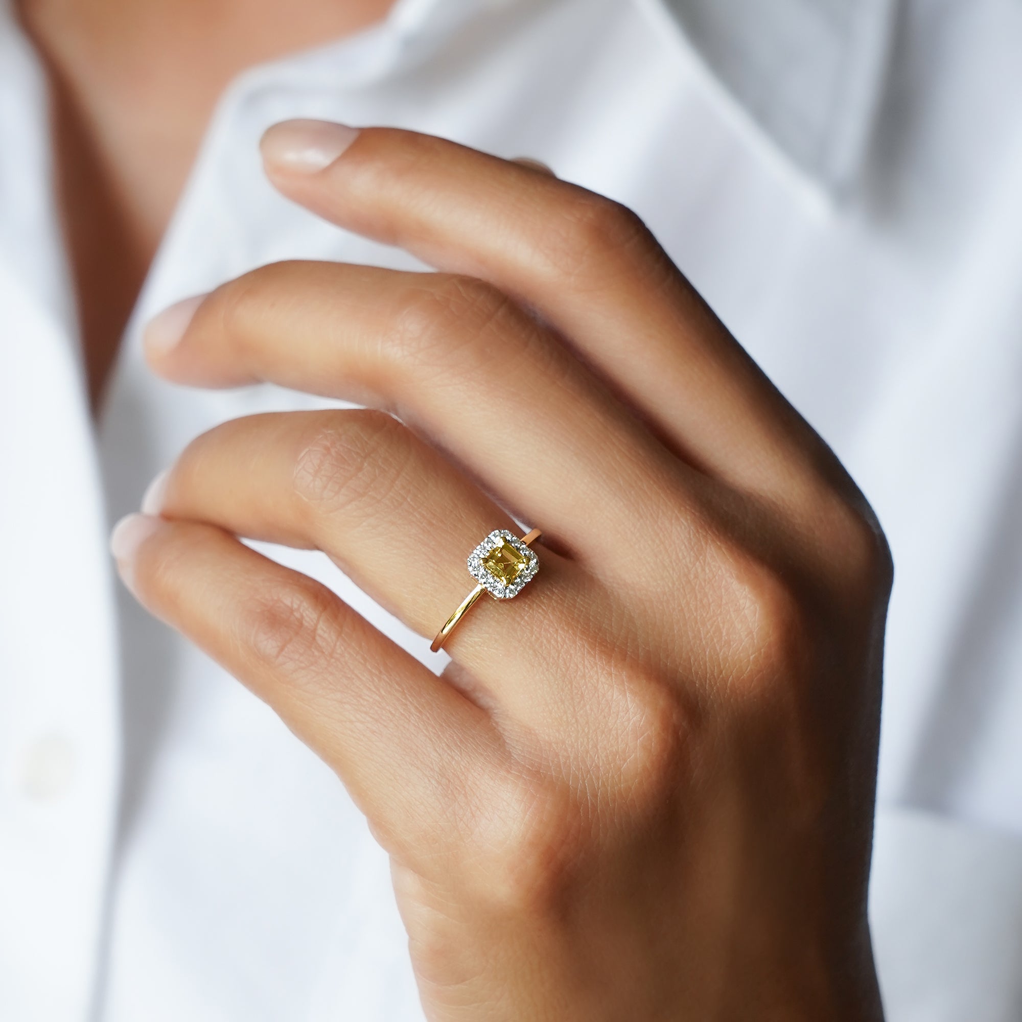 Heliodor Beryl & Halo Natural Diamond Ring - Solid 18k Yellow Gold | BITS OF BALI JEWELRY
