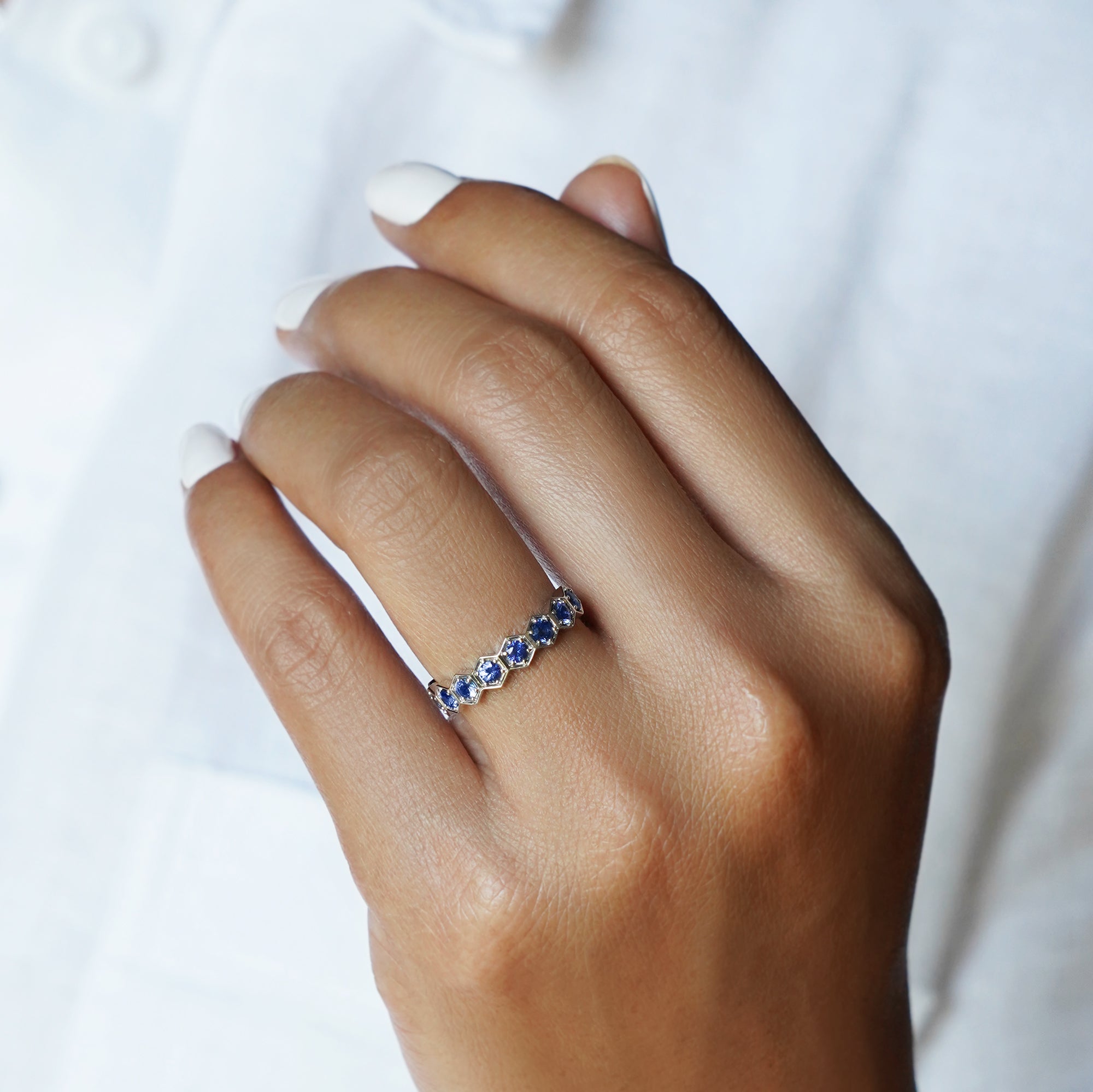 Hexagon Blue Sapphire Ring - Solid 18K White Gold | BITS OF BALI JEWELRY