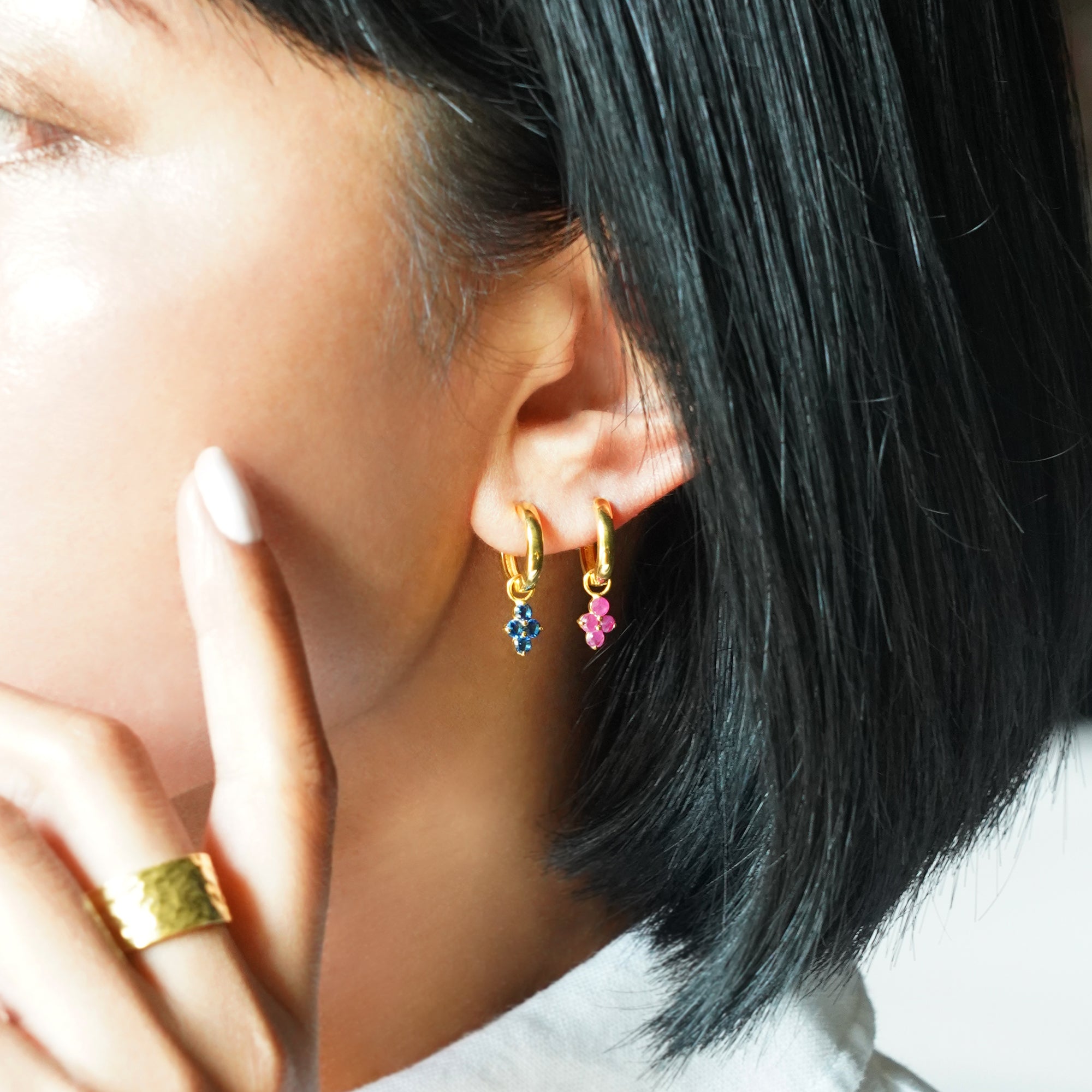 Ibu Huggies Earrings With Blue Sapphire Charms | BITS OF BALI JEWELRY