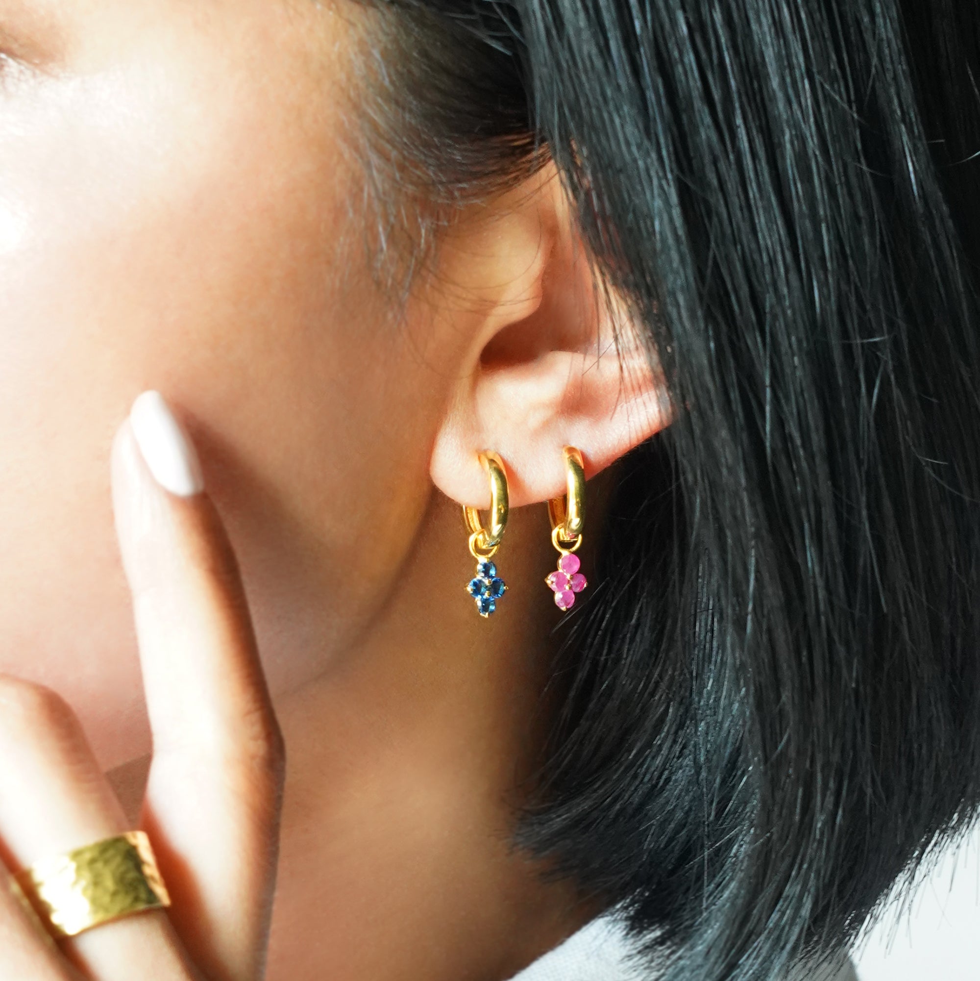 Ibu Huggies Earrings With Blue Sapphire Charms | BITS OF BALI JEWELRY