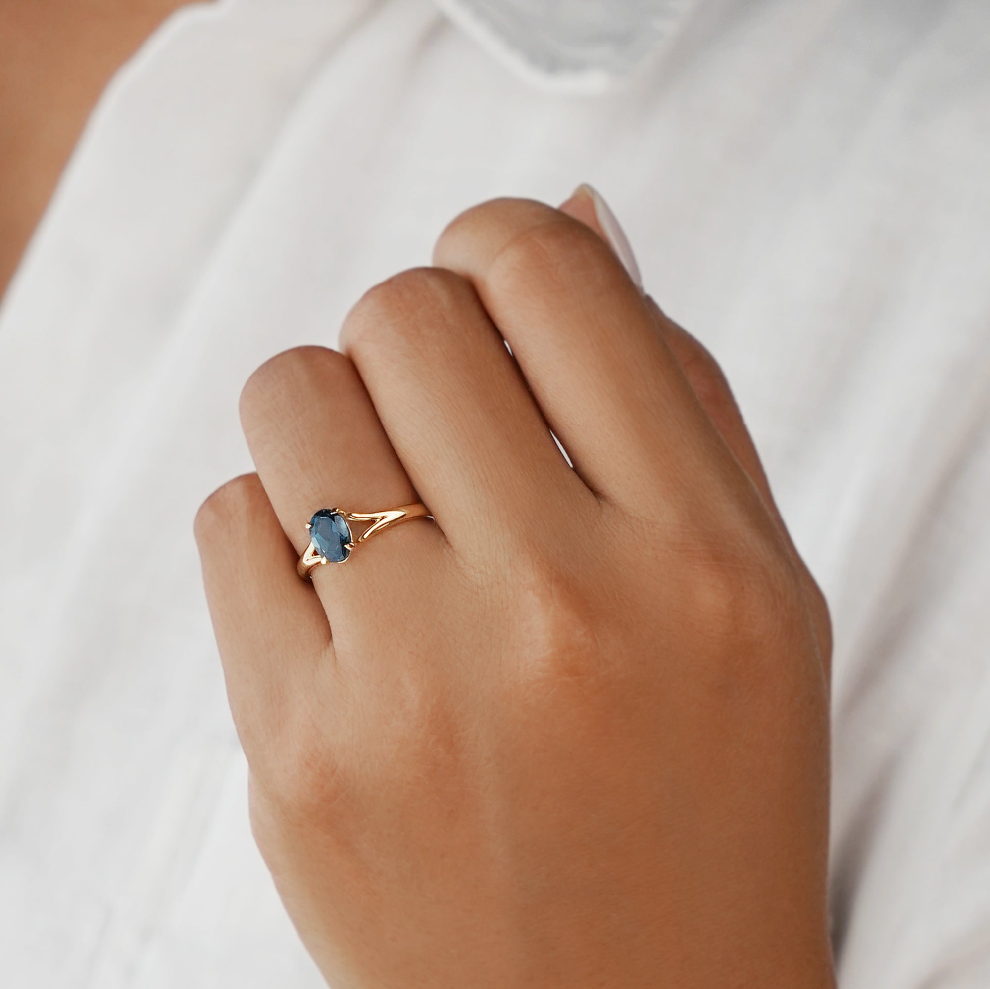 London Blue Topaz Double Shank Ring - Solid 14k Yellow Gold | BITS OF BALI JEWELRY