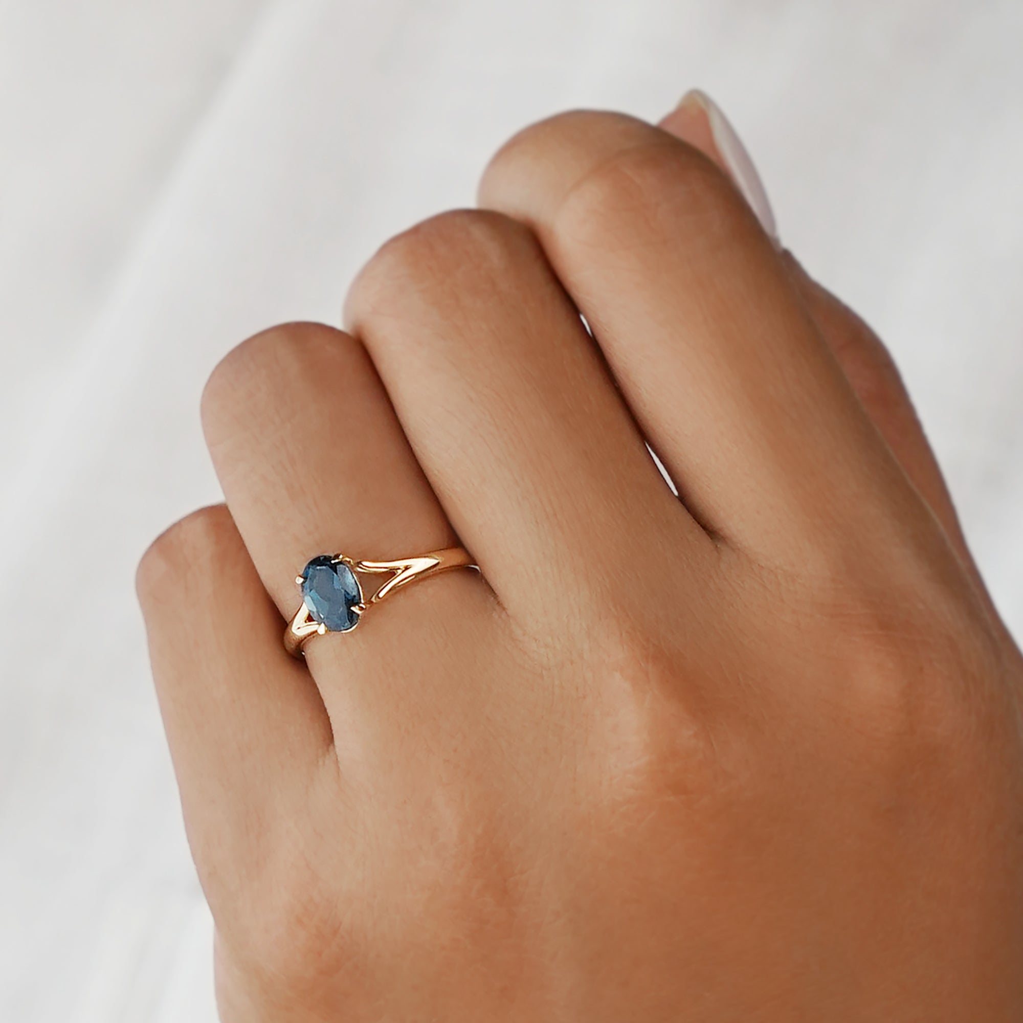 London Blue Topaz Double Shank Ring - Solid 14k Yellow Gold | BITS OF BALI JEWELRY