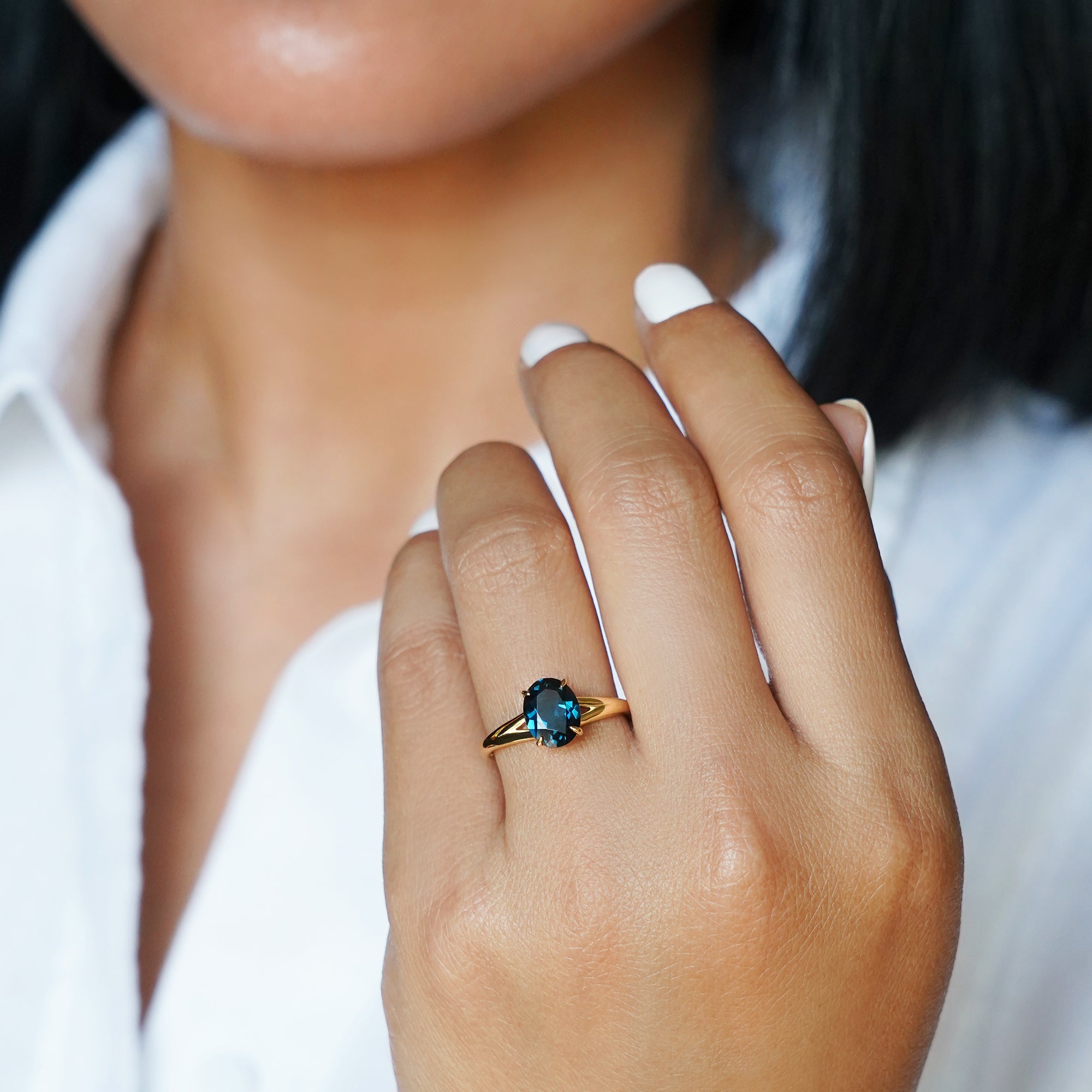 Double Shank London Blue Topaz Ring - Solid 18K Yellow Gold | BITS OF BALI JEWELRY