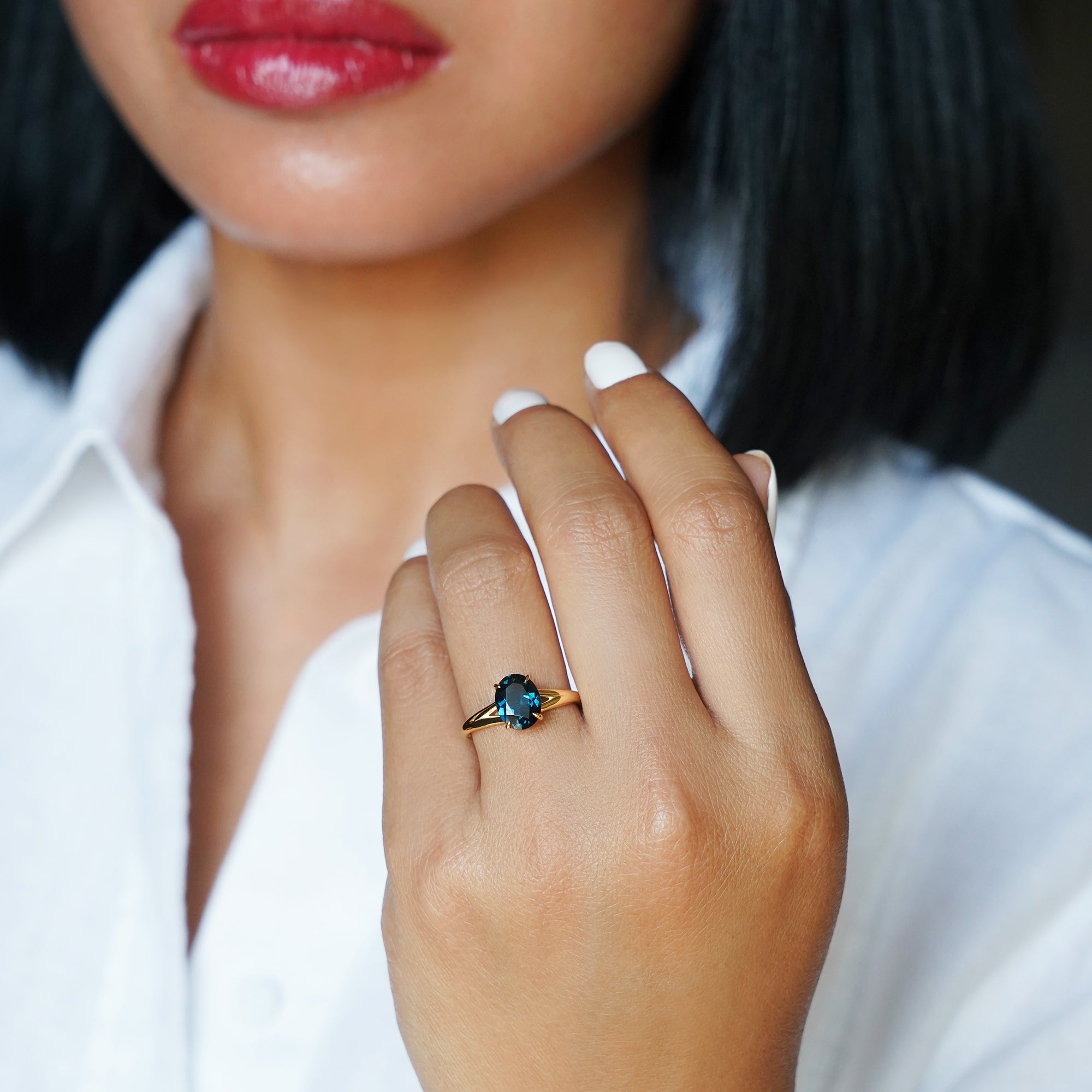 Double Shank London Blue Topaz Ring - Solid 18K Yellow Gold | BITS OF BALI JEWELRY