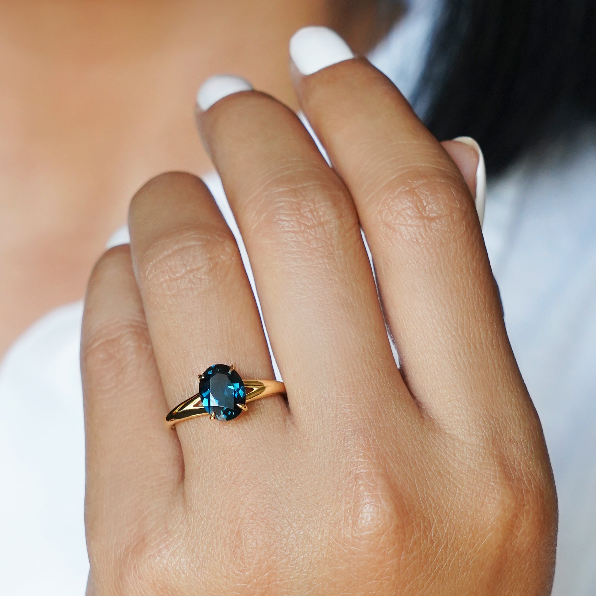 Double Shank London Blue Topaz Ring Solid 18K Yellow Gold