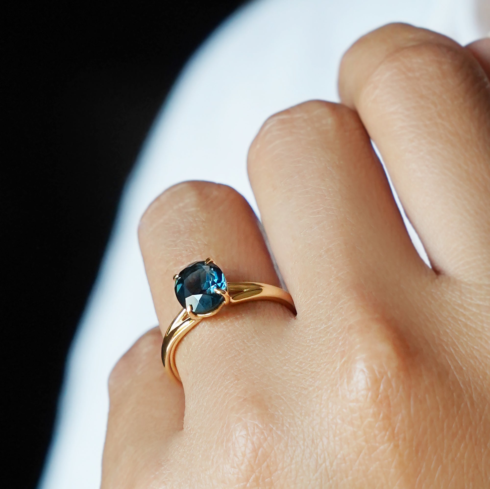Double Shank London Blue Topaz Ring - Solid 18K Yellow Gold | BITS OF BALI JEWELRY