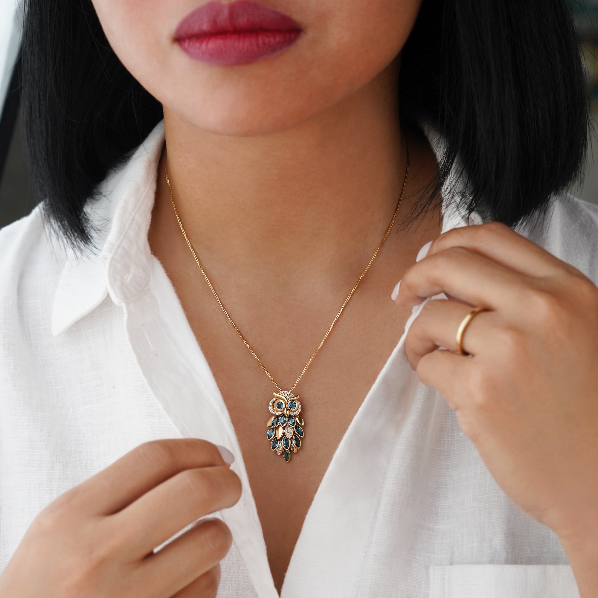 Owl London Blue Topaz With Natural Diamonds - Solid 18K Yellow Gold | BITS OF BALI JEWELRY