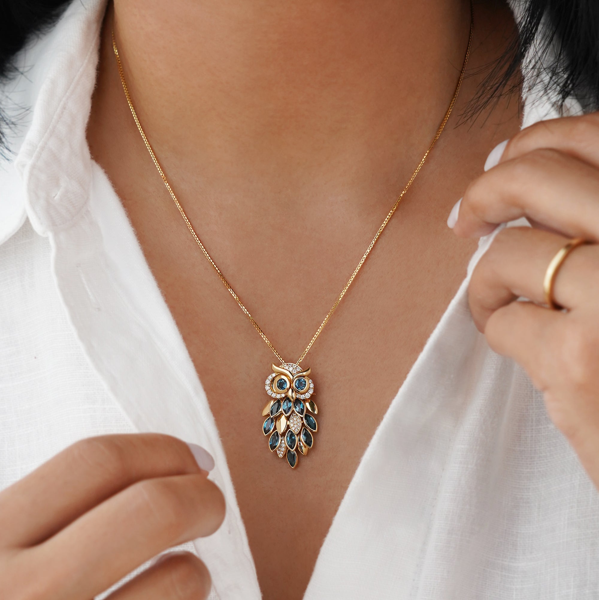 Owl London Blue Topaz With Natural Diamonds - Solid 18K Yellow Gold | BITS OF BALI JEWELRY