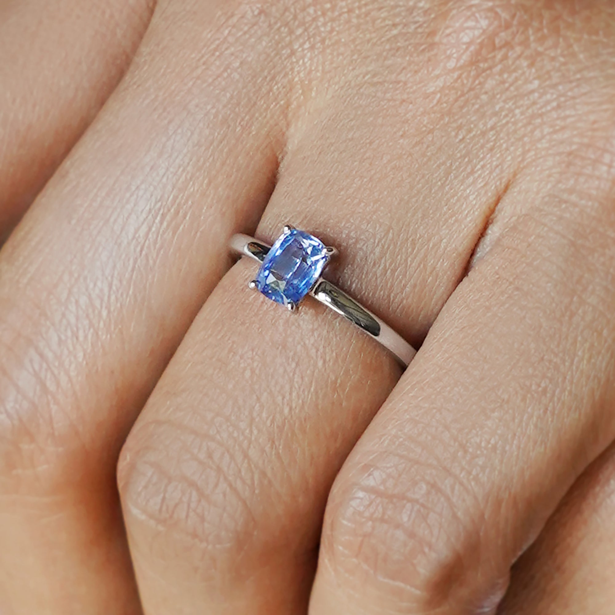 Blue Sapphire Long Cushion Cut Ring - Solid 14K White Gold | BITS OF BALI JEWELRY
