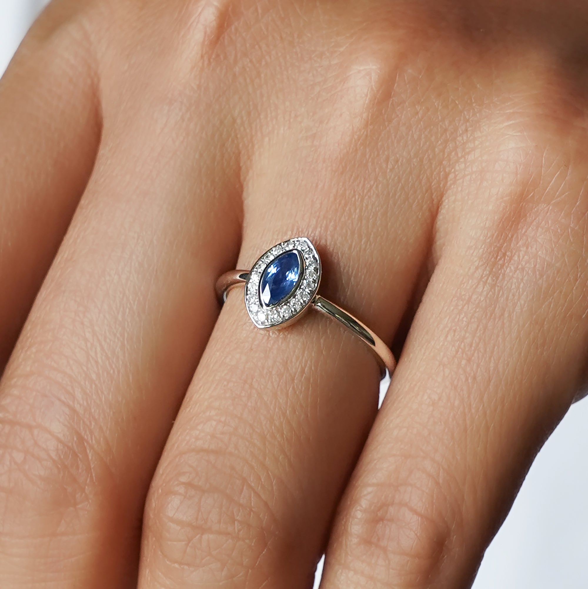 Blue Sapphire with Halo Natural Diamond Ring - Solid 14k White Gold | BITS OF BALI JEWELRY