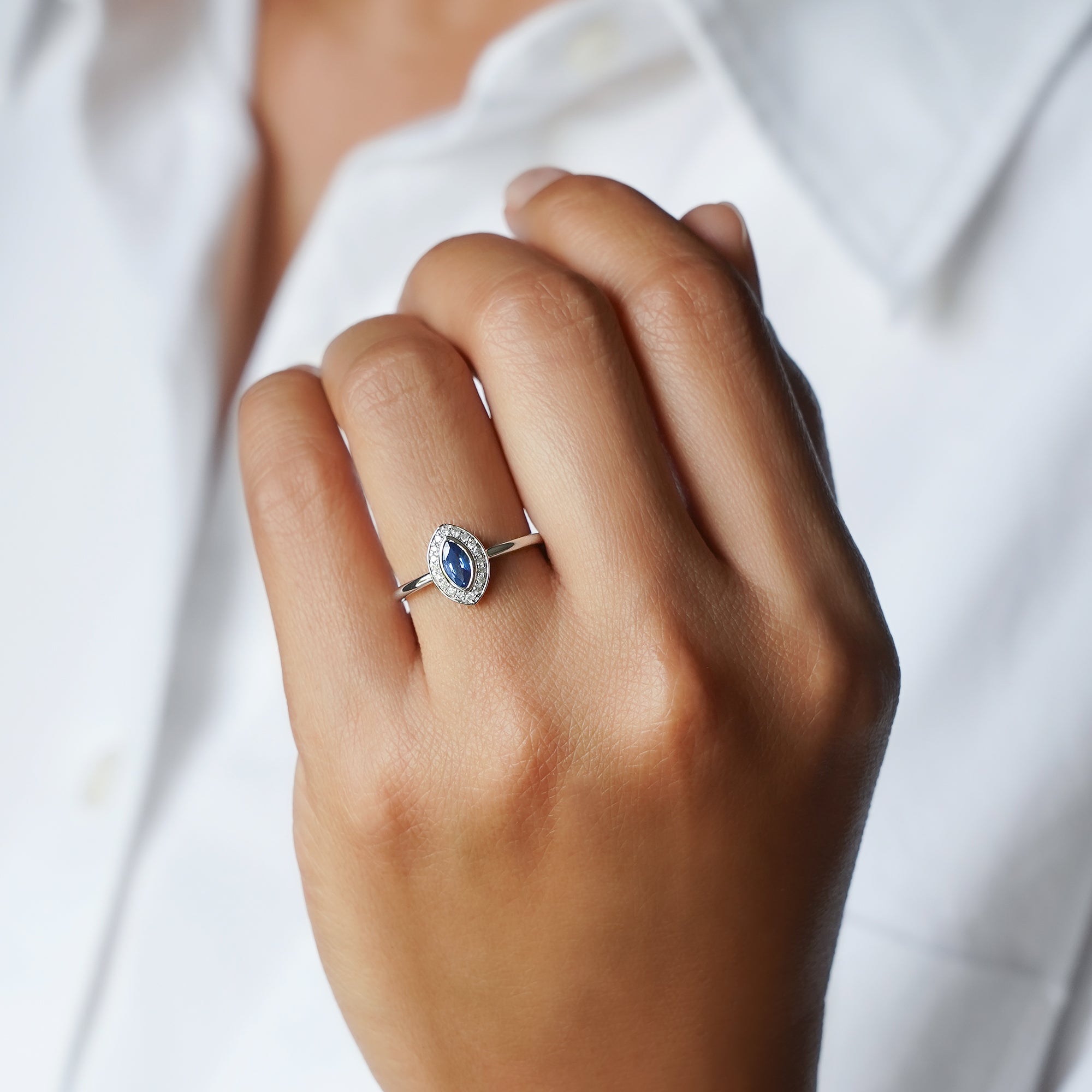 Blue Sapphire with Halo Natural Diamond Ring - Solid 14k White Gold | BITS OF BALI JEWELRY