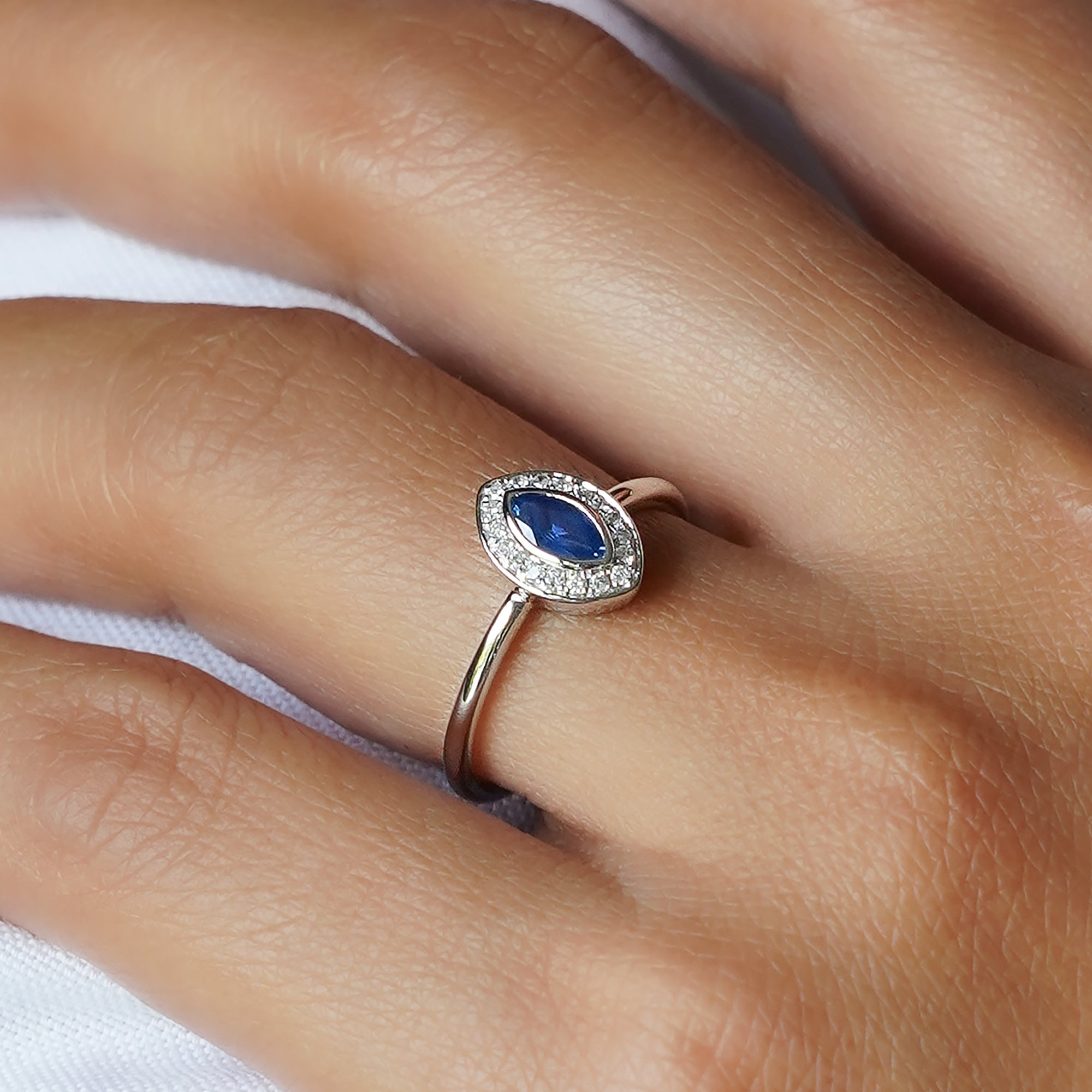 Blue Sapphire with Halo Natural Diamond Ring - Solid 14k White Gold | BITS OF BALI JEWELRY