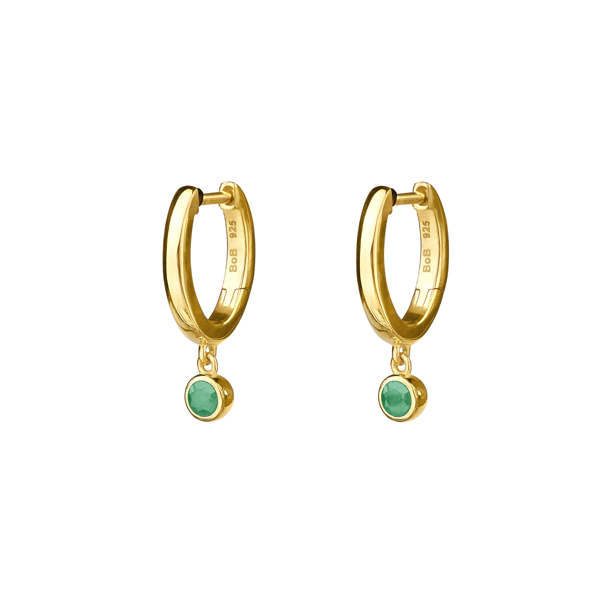 Mini Huggies Earrings With Emerald Bezel Charm - Gold Vermeil