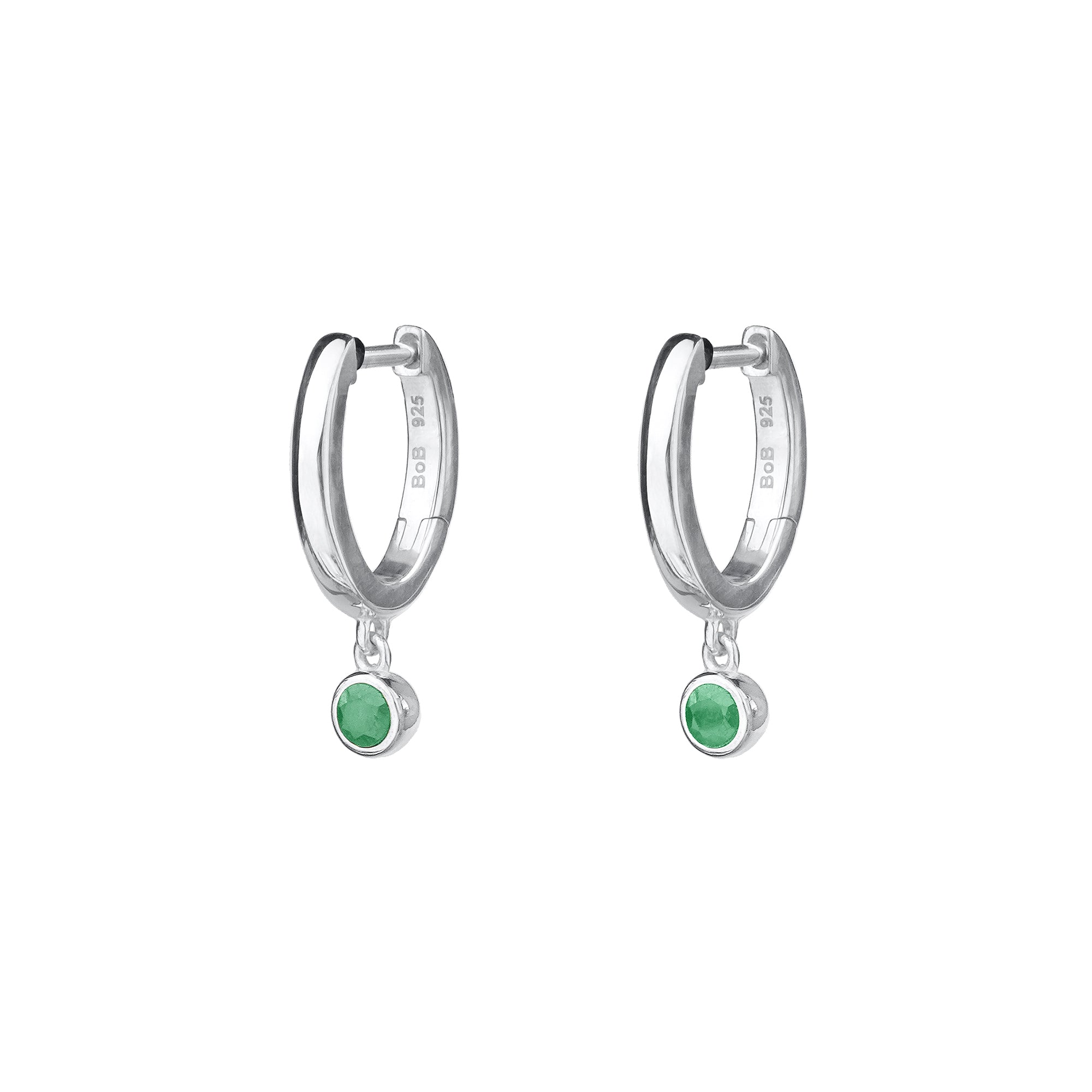 Mini Huggies Earrings With Emerald Bezel Charm - Sterling Silver