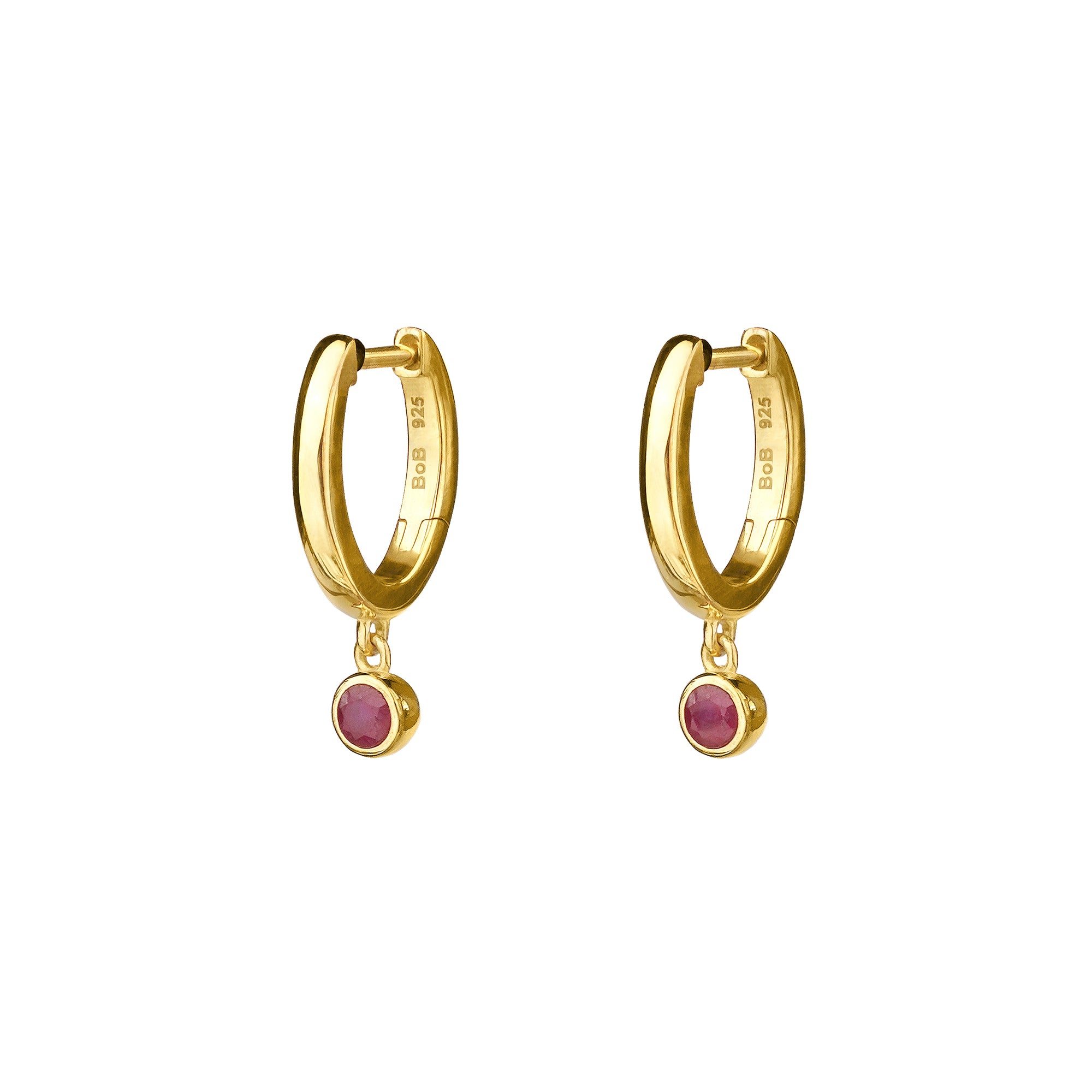 Mini Huggies Earrings With Ruby Bezel Charm - Gold Vermeil