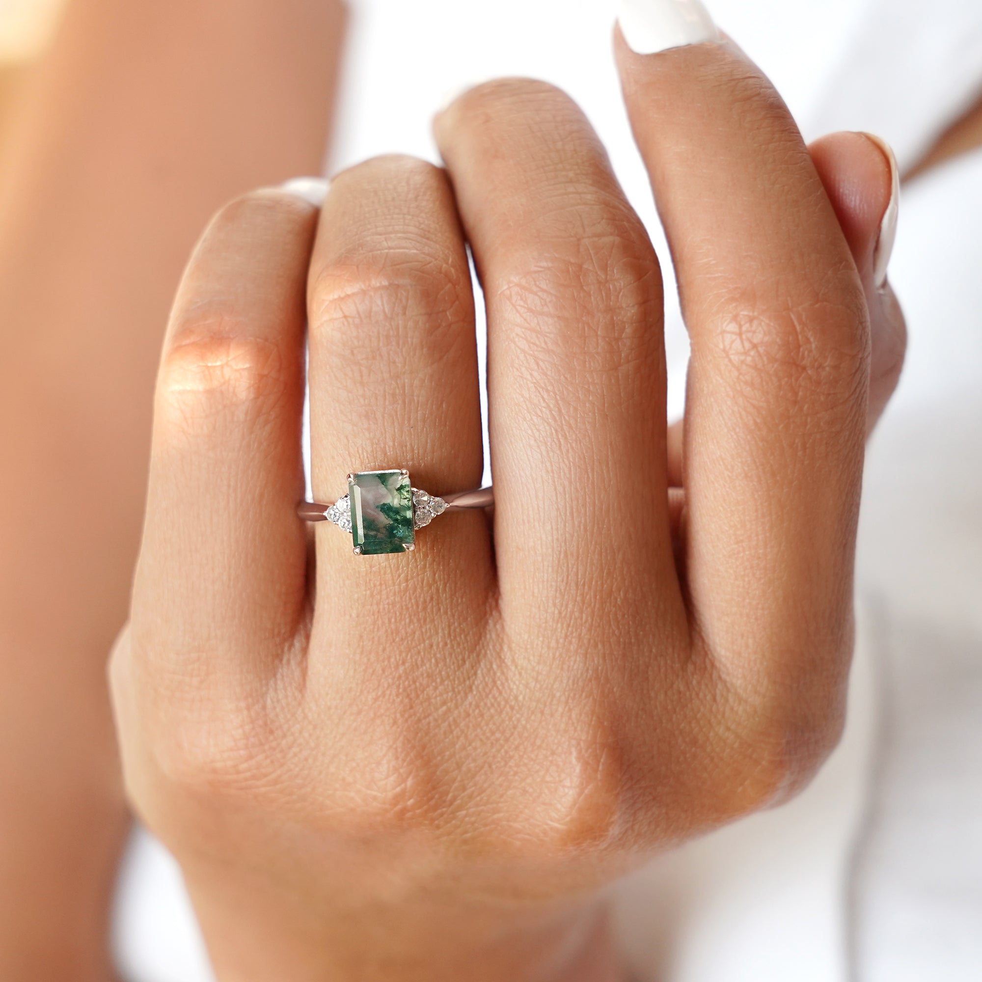 Moss Agate & Natural White Zircon Ring - Solid 14K White Gold | BITS OF BALI JEWELRY