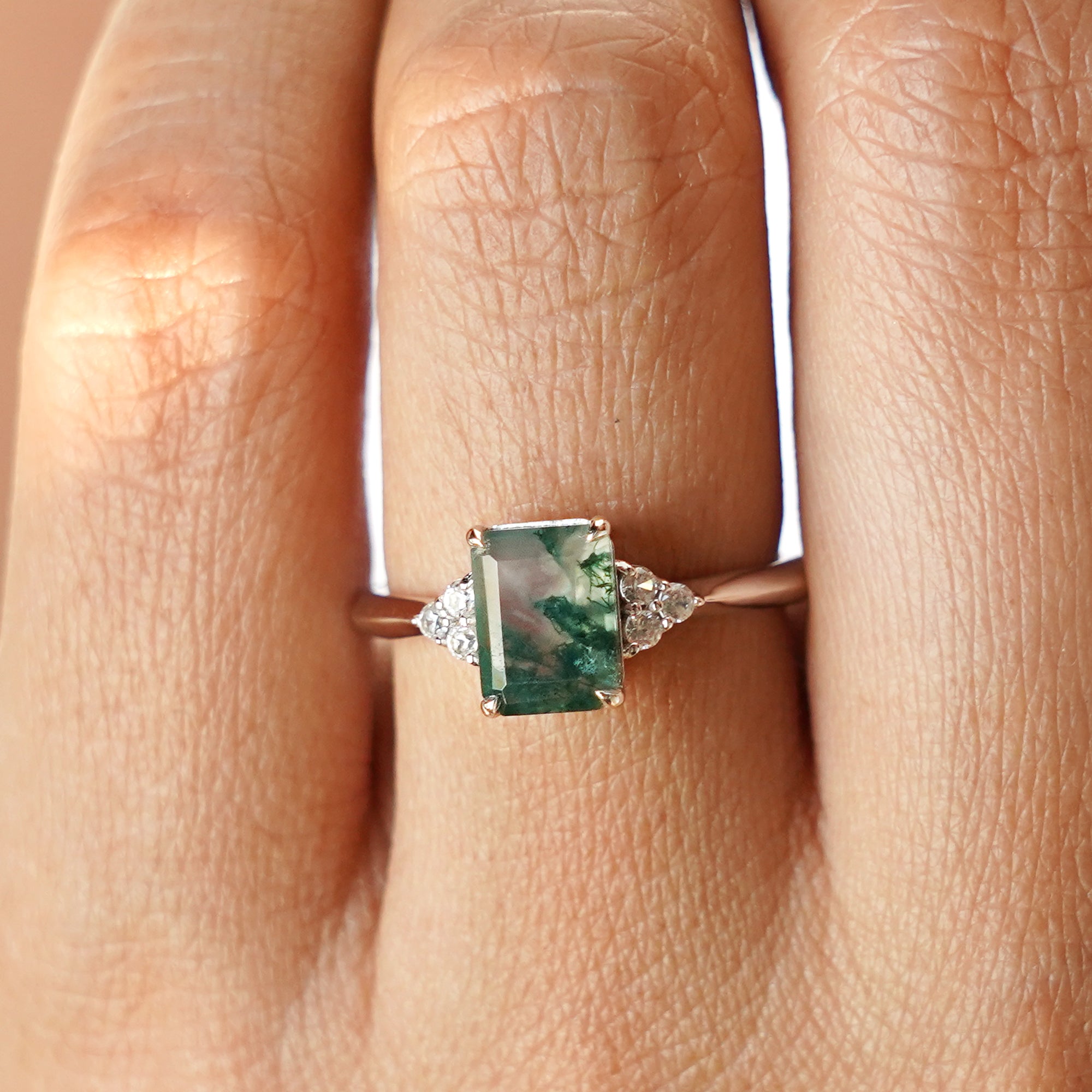 Moss Agate & Natural White Zircon Ring - Solid 14K White Gold | BITS OF BALI JEWELRY