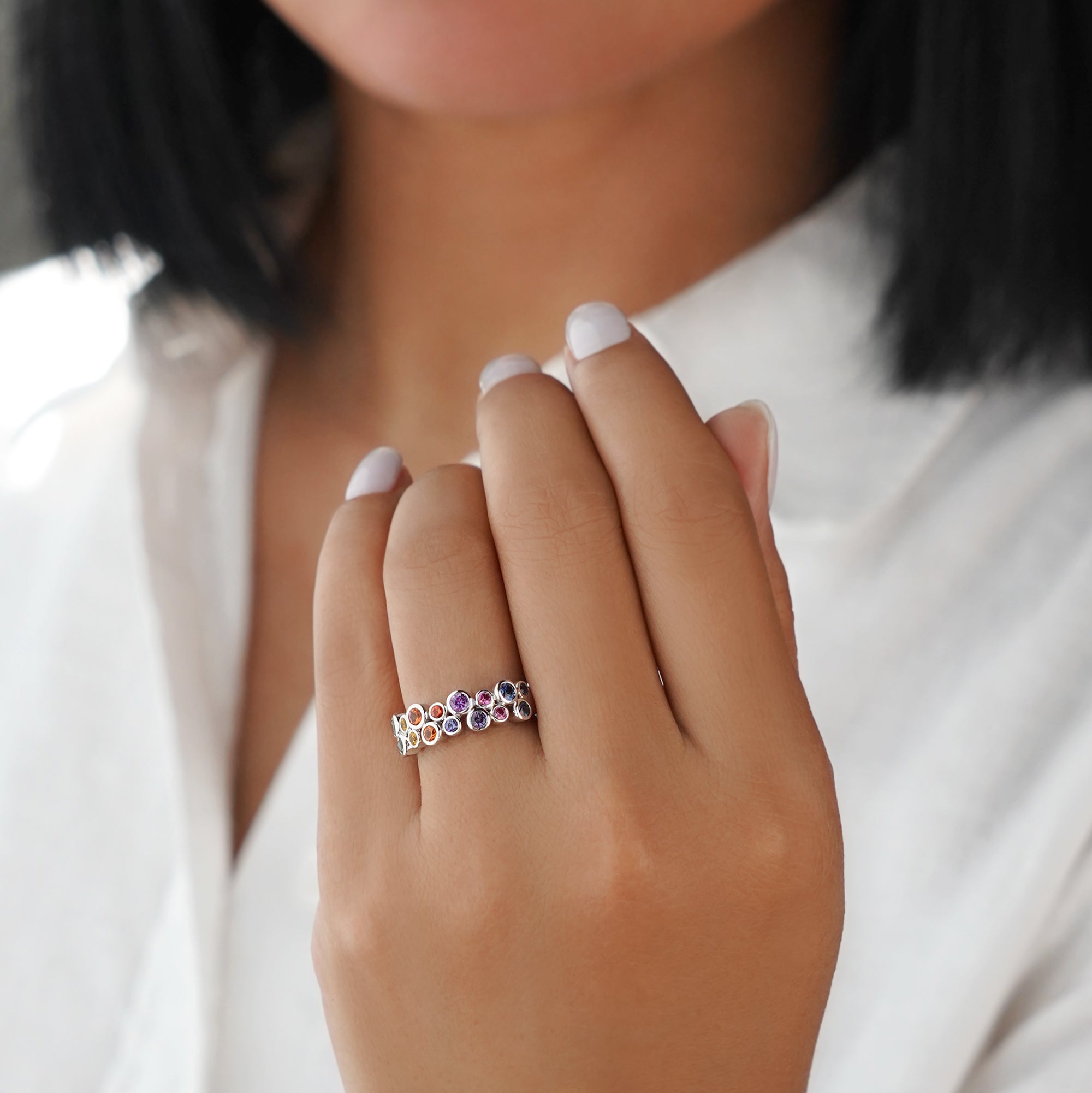 MULTI COLORED SAPPHIRE HALF ETERNITY RING - SOLID 18K WHITE GOLD | BITS OF BALI JEWELRY