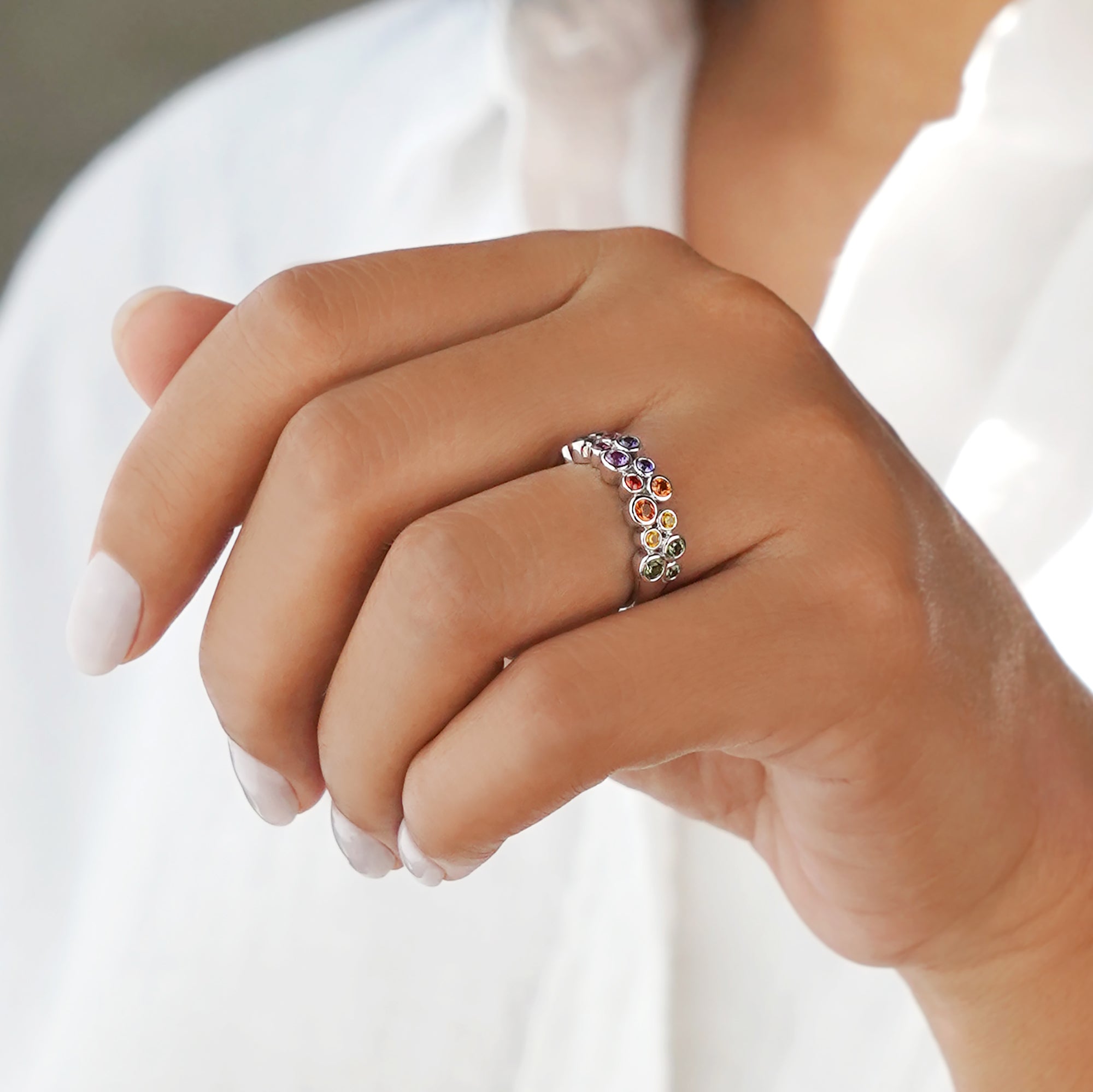 MULTI COLORED SAPPHIRE HALF ETERNITY RING - SOLID 18K WHITE GOLD | BITS OF BALI JEWELRY